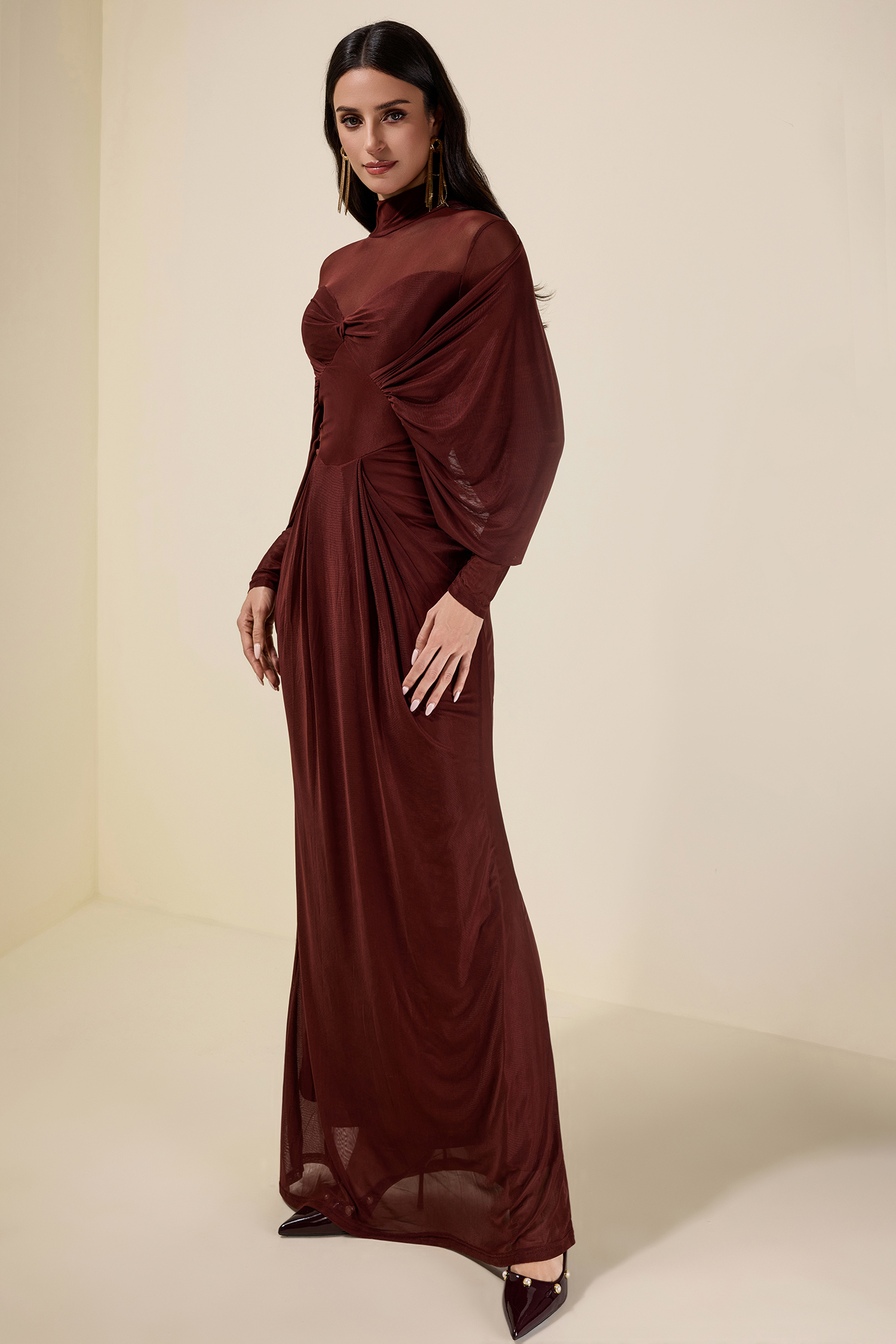Jersey Solid Ruched Long Sleeve Maxi Dress