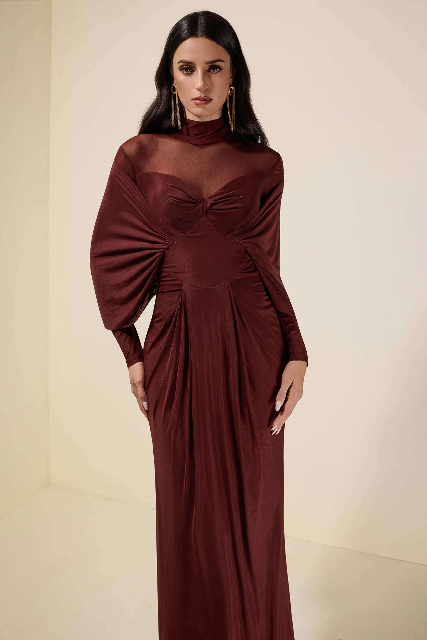 Jersey Solid Ruched Long Sleeve Maxi Dress