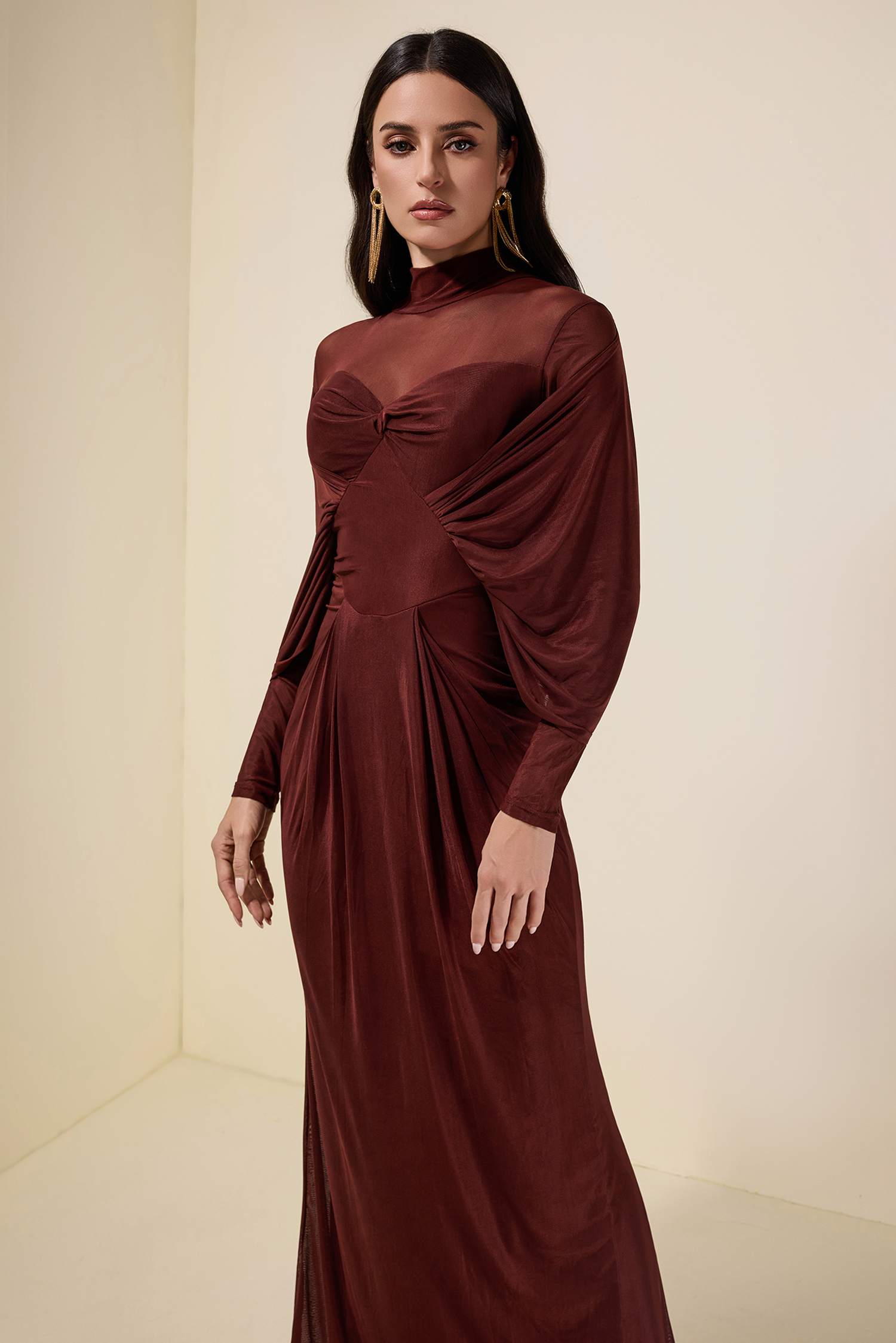 Jersey Solid Ruched Long Sleeve Maxi Dress