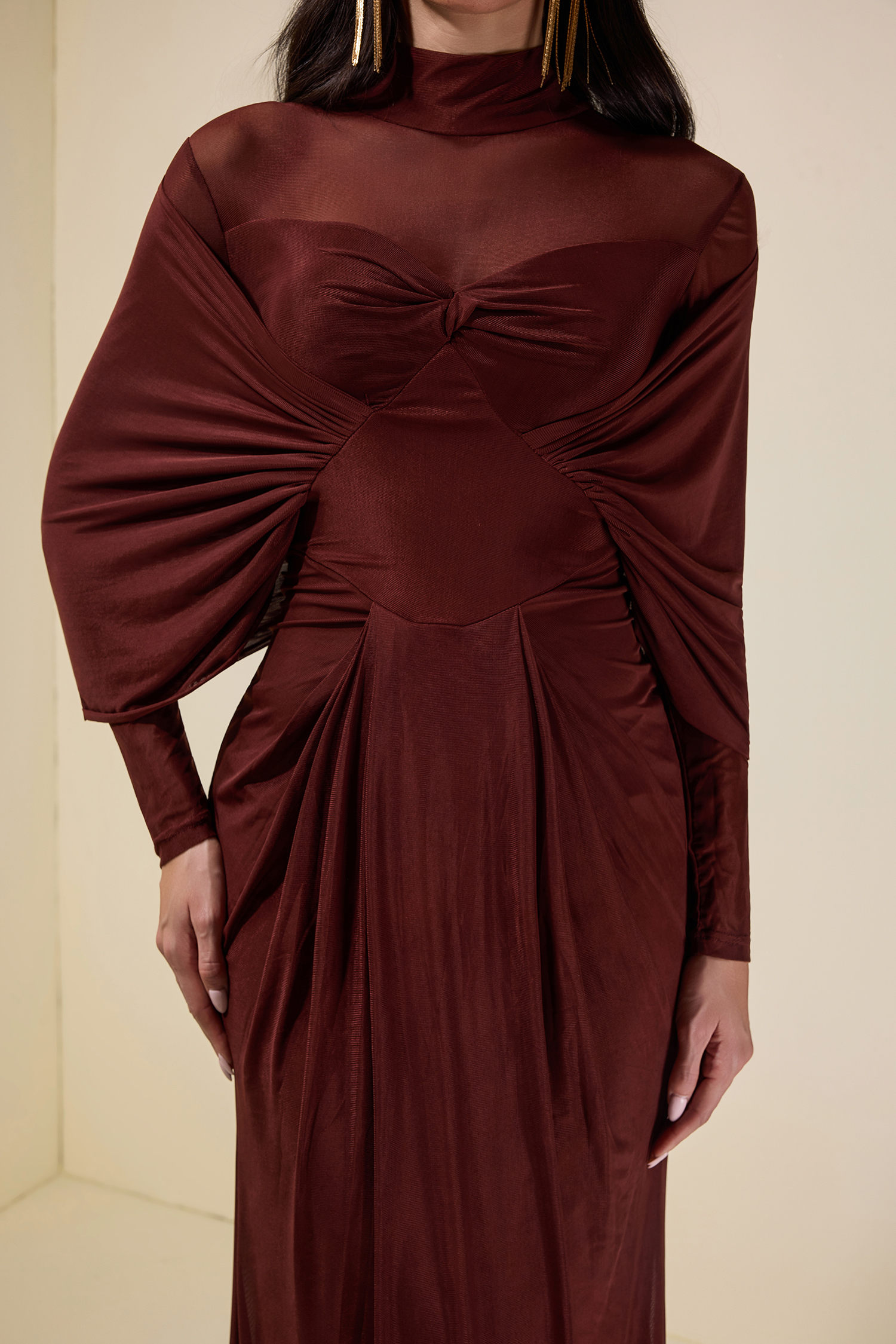 Jersey Solid Ruched Long Sleeve Maxi Dress