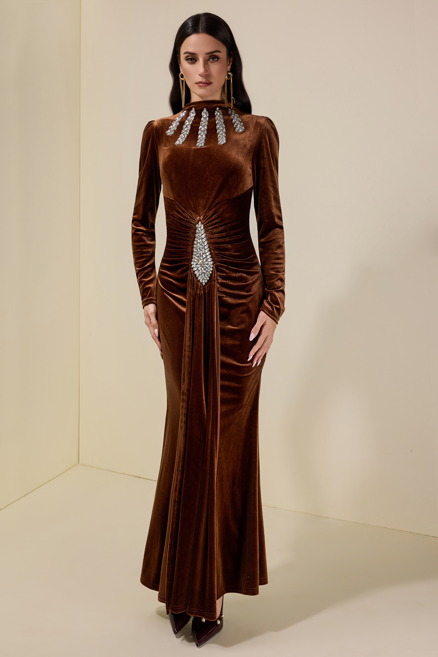 Velvet Rhinestone Draped Maxi Dress