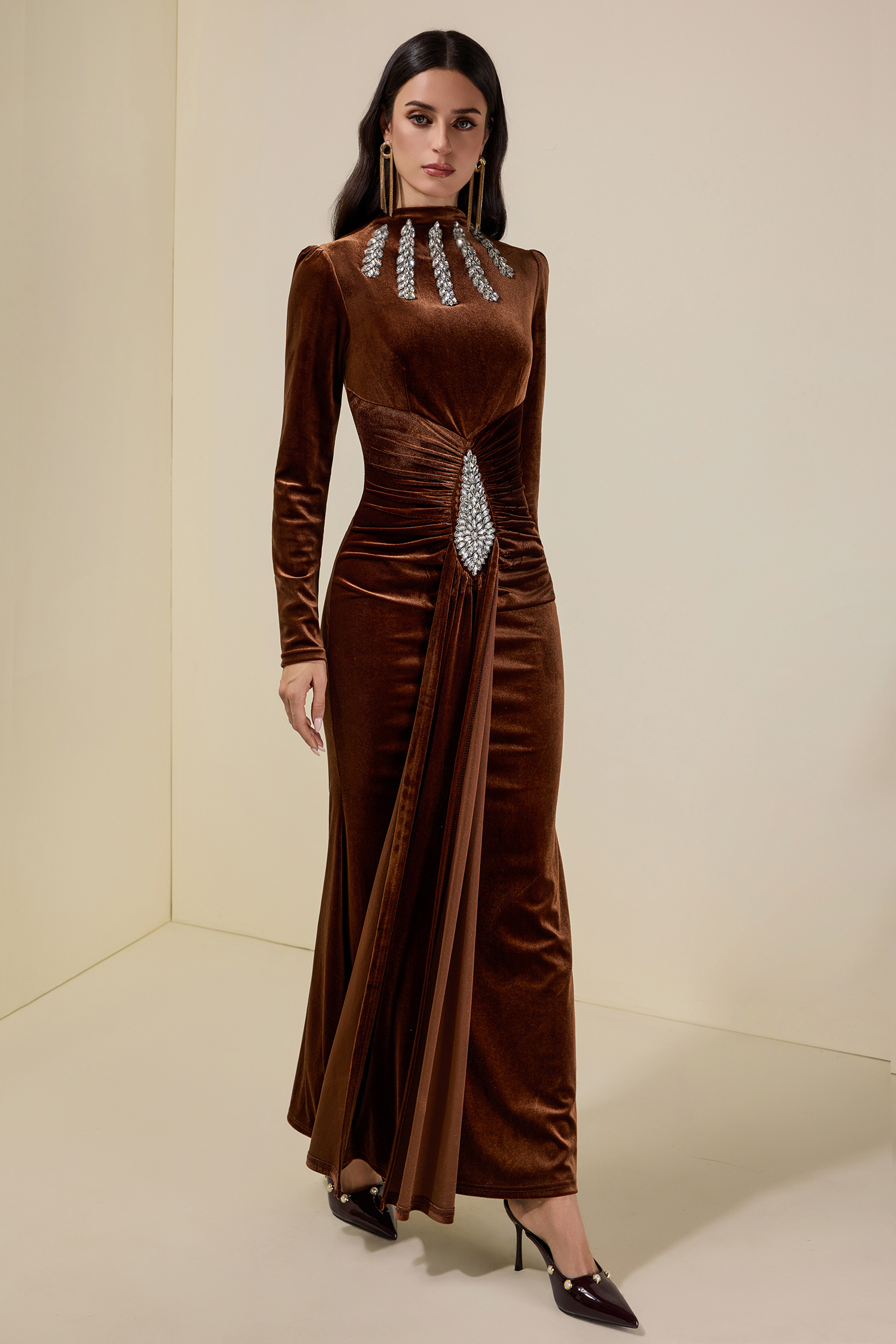 Velvet Rhinestone Draped Maxi Dress