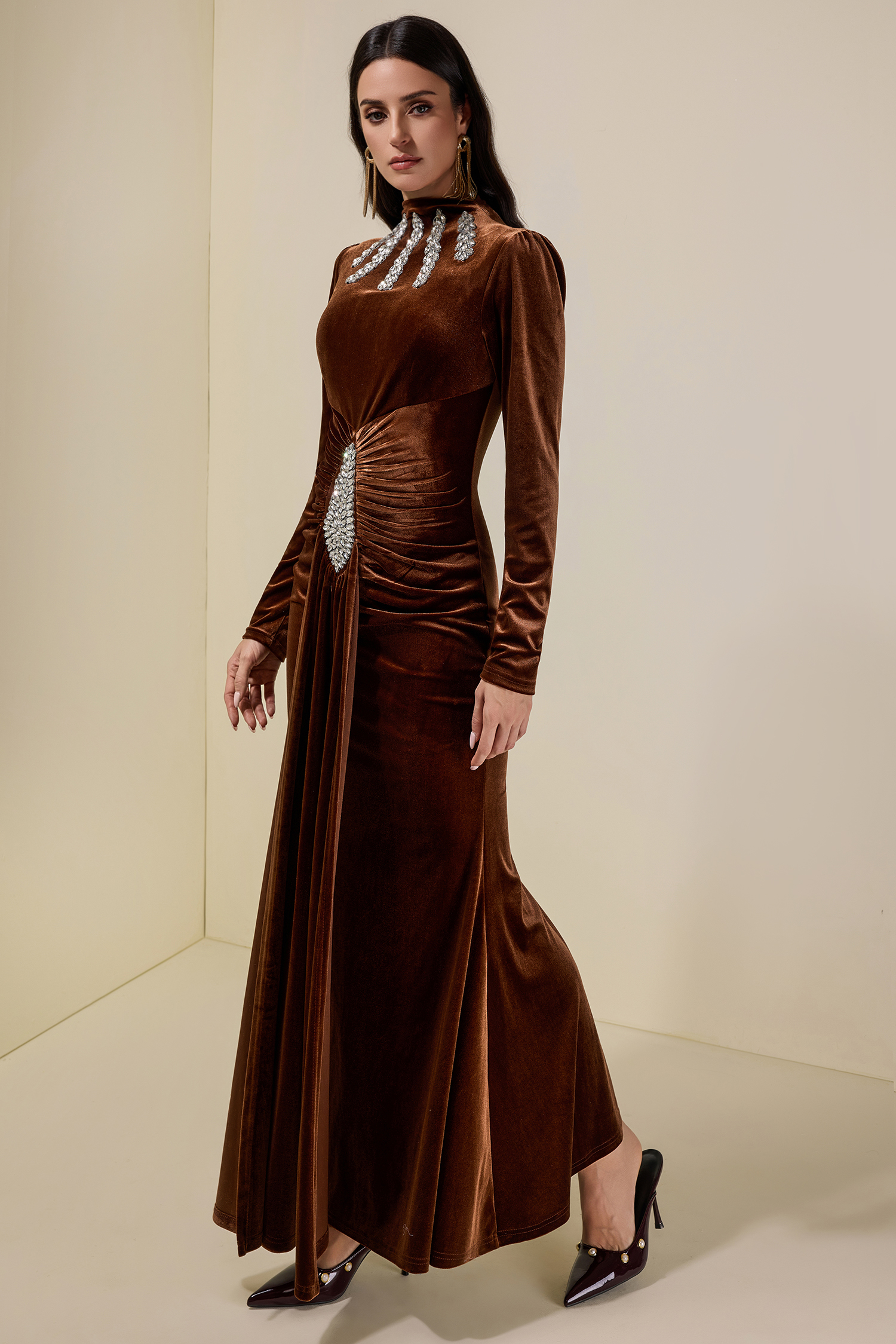 Velvet Rhinestone Draped Maxi Dress