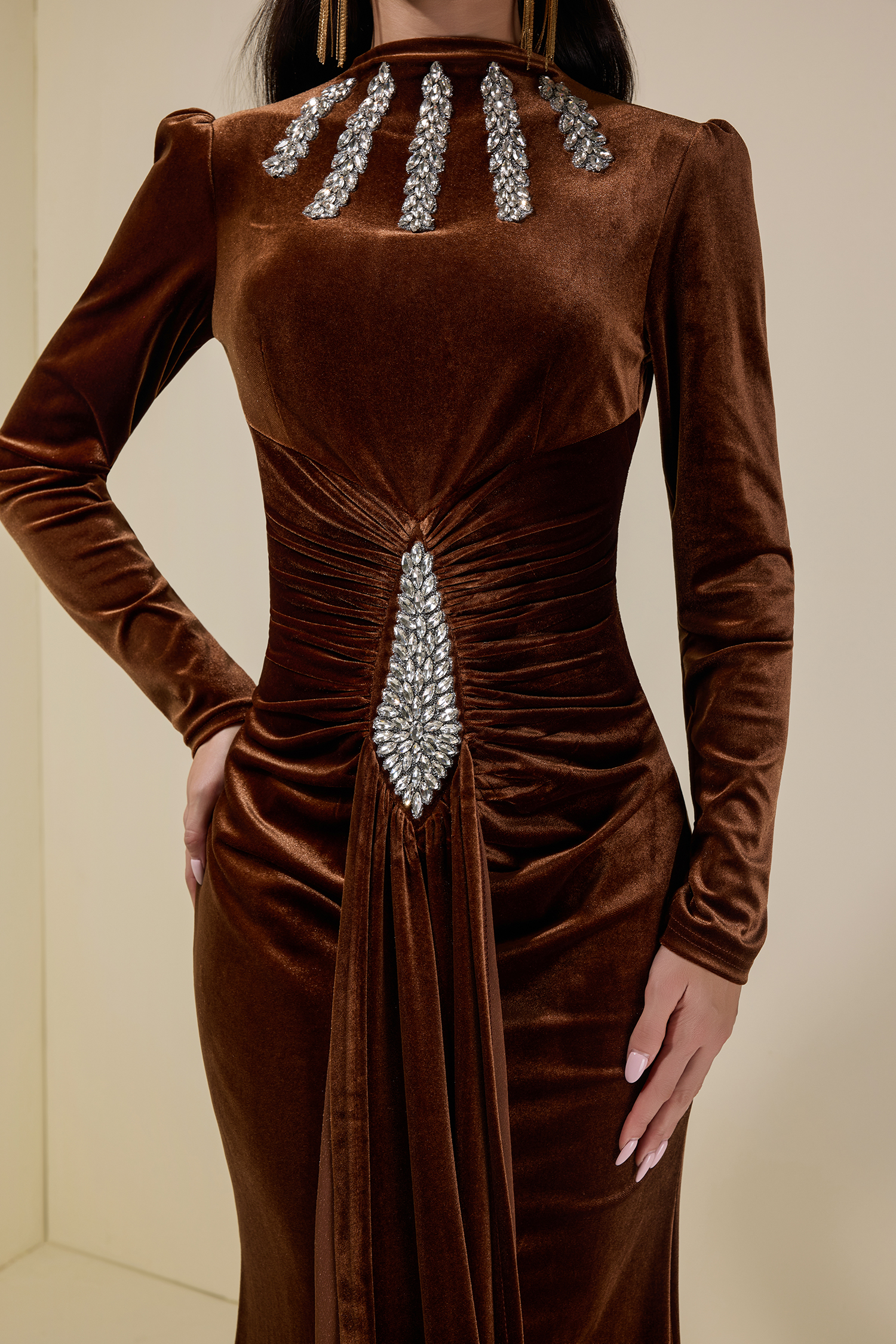 Velvet Rhinestone Draped Maxi Dress