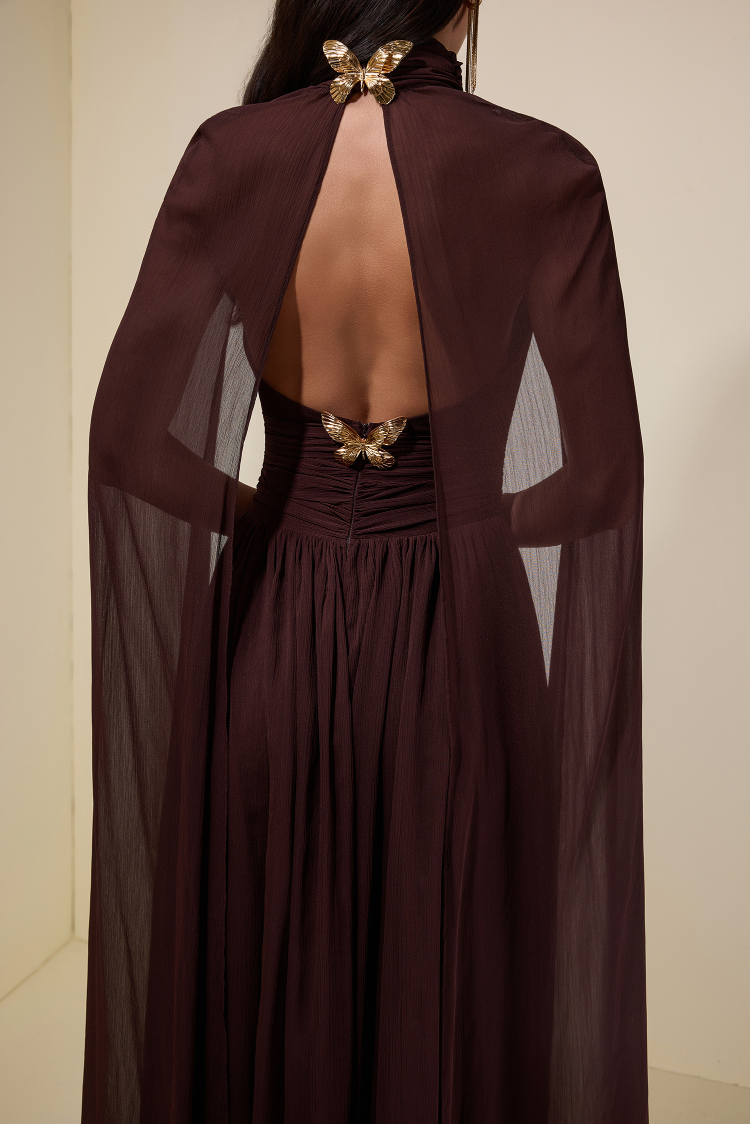 Chiffon High Neck Cape Sleeve Maxi Dress