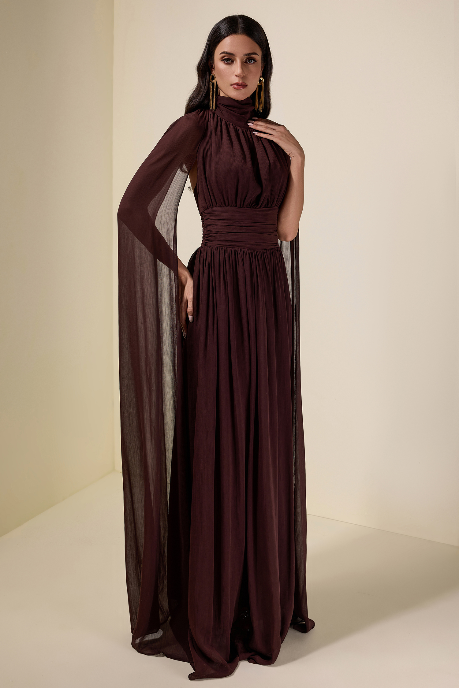 Chiffon High Neck Cape Sleeve Maxi Dress