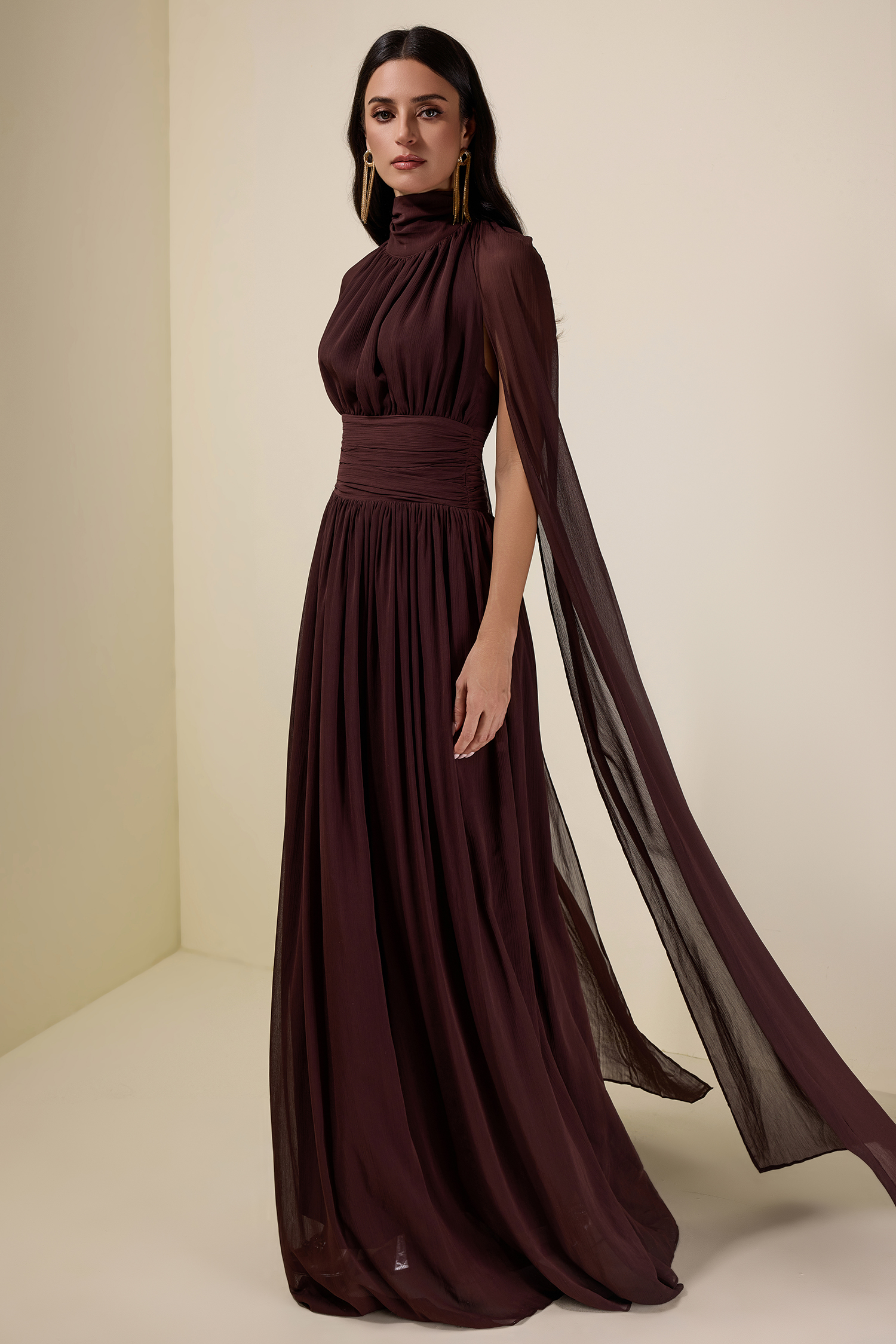 Chiffon High Neck Cape Sleeve Maxi Dress