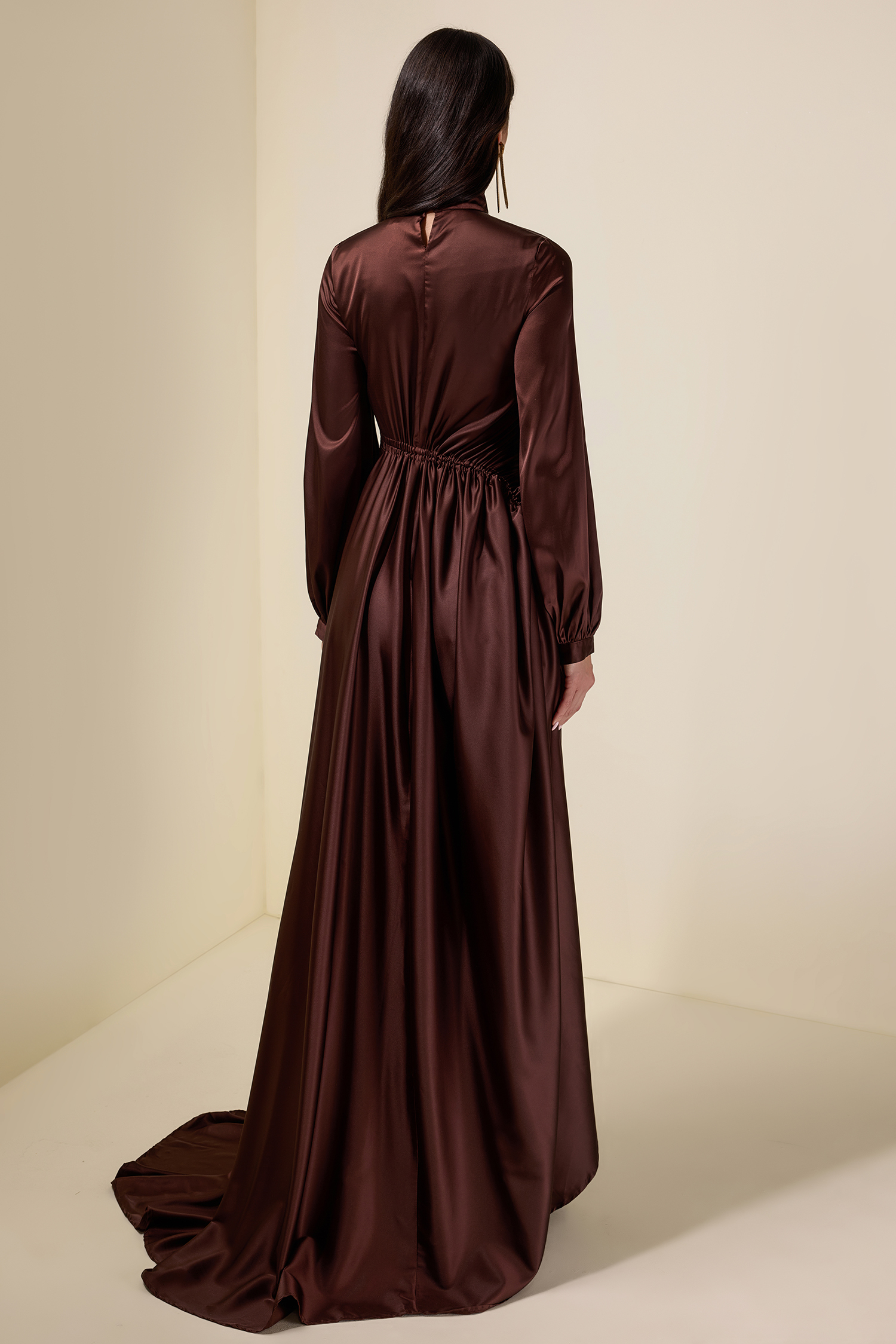 Satin Shirring Lantern Sleeve Maxi Dress