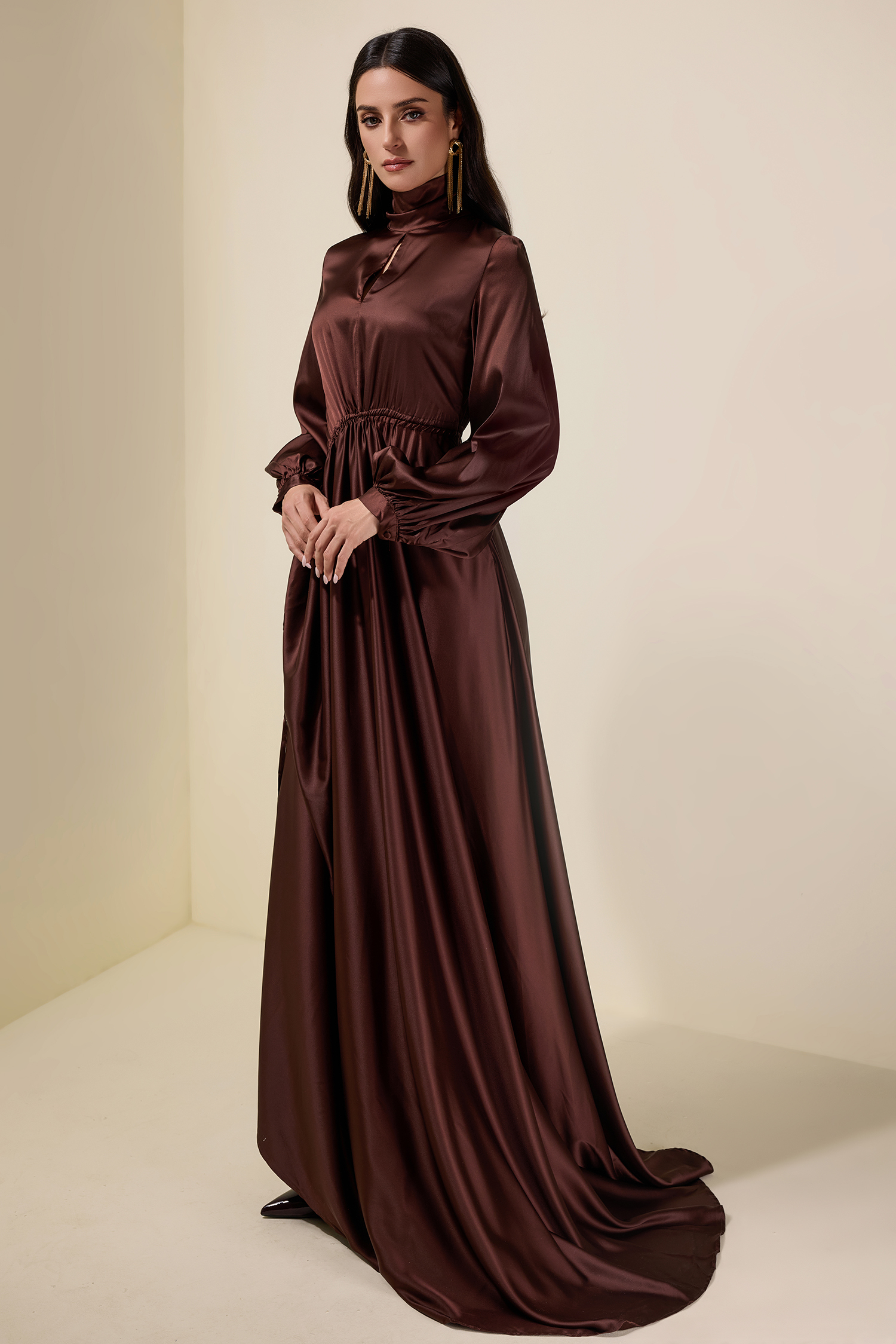 Satin Shirring Lantern Sleeve Maxi Dress
