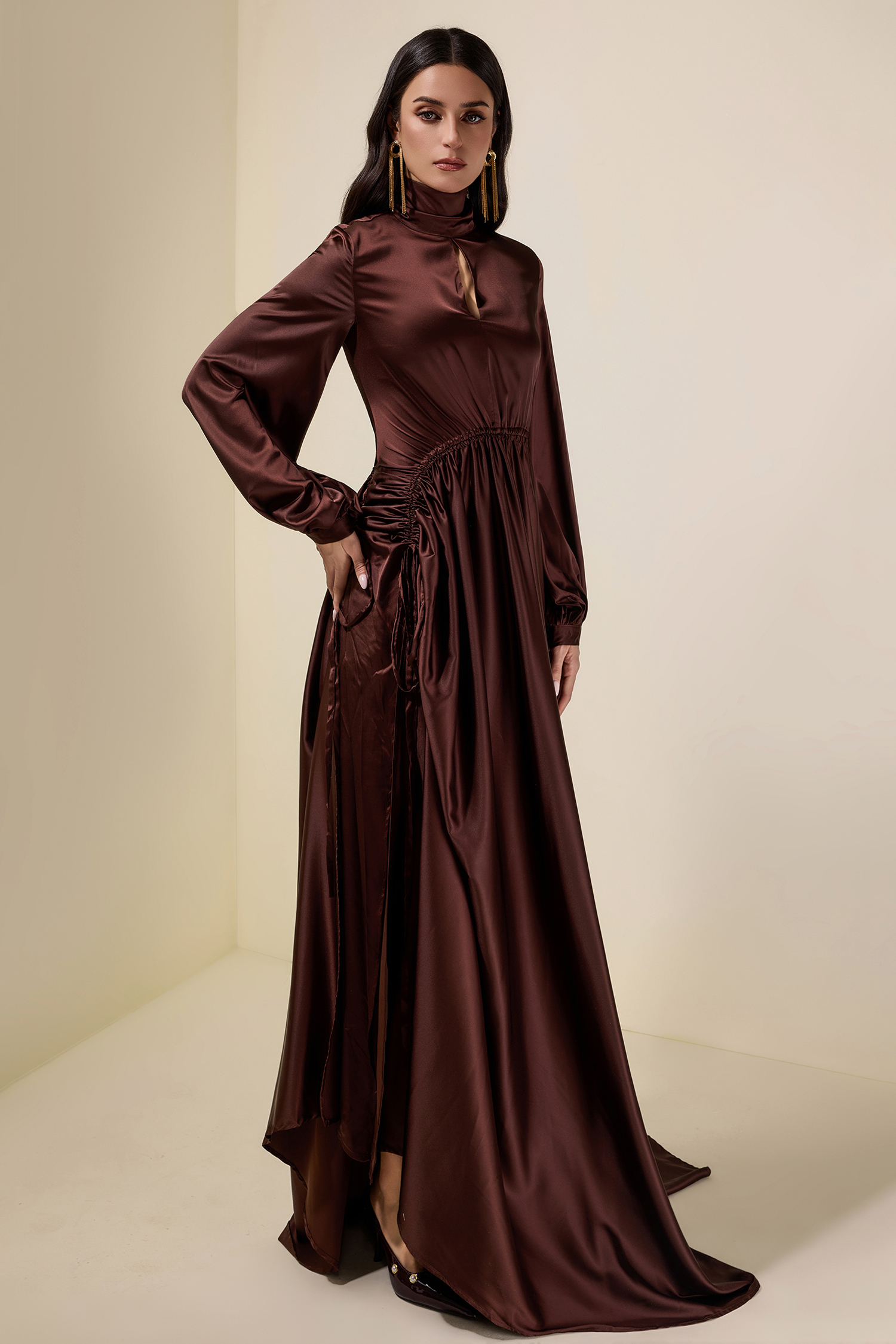 Satin Shirring Lantern Sleeve Maxi Dress