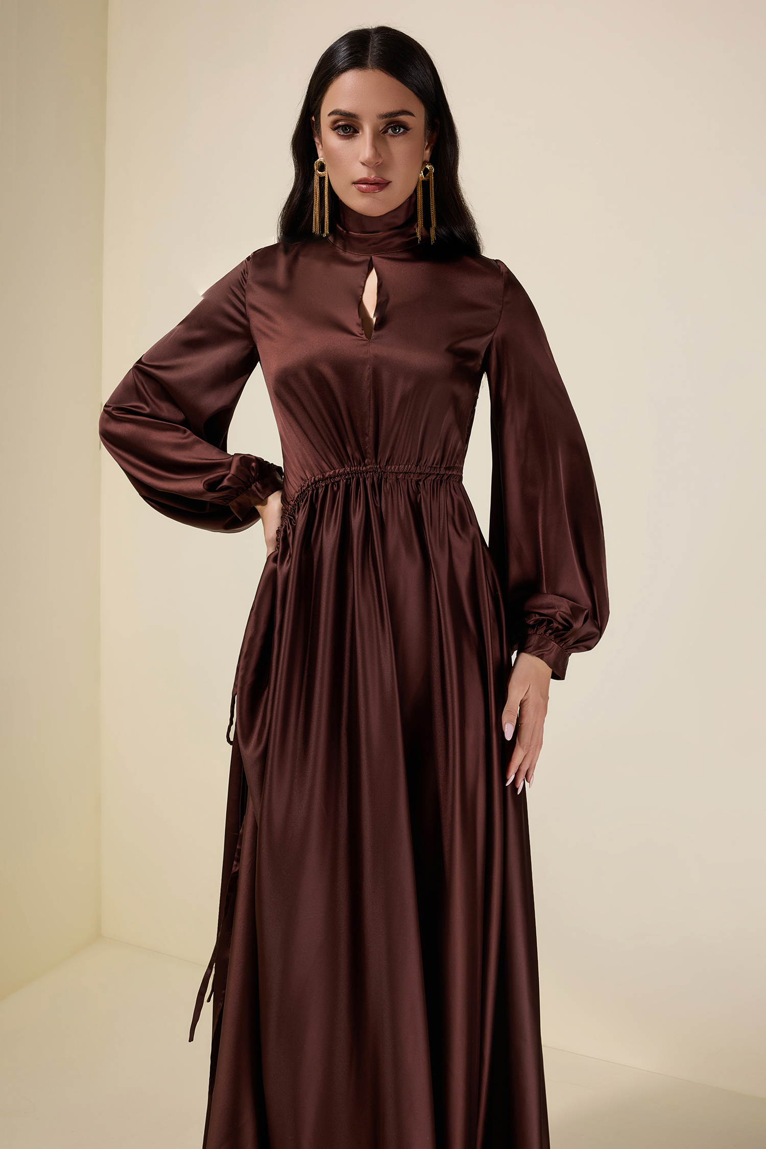Satin Shirring Lantern Sleeve Maxi Dress