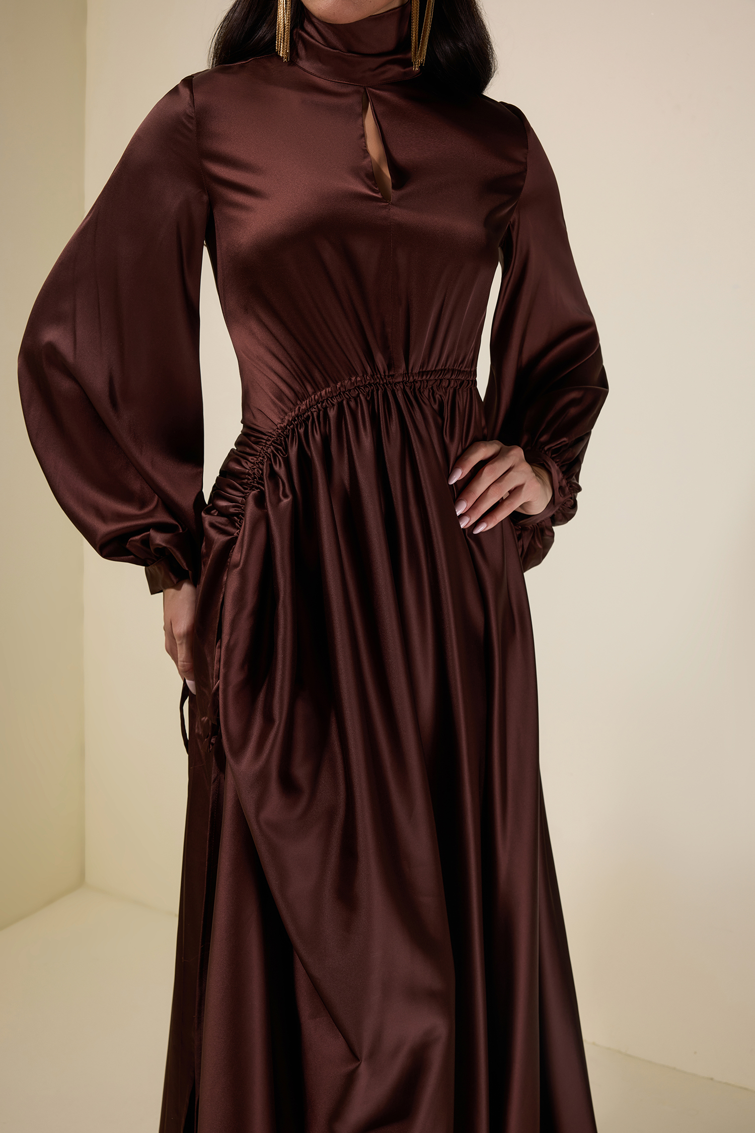 Satin Shirring Lantern Sleeve Maxi Dress