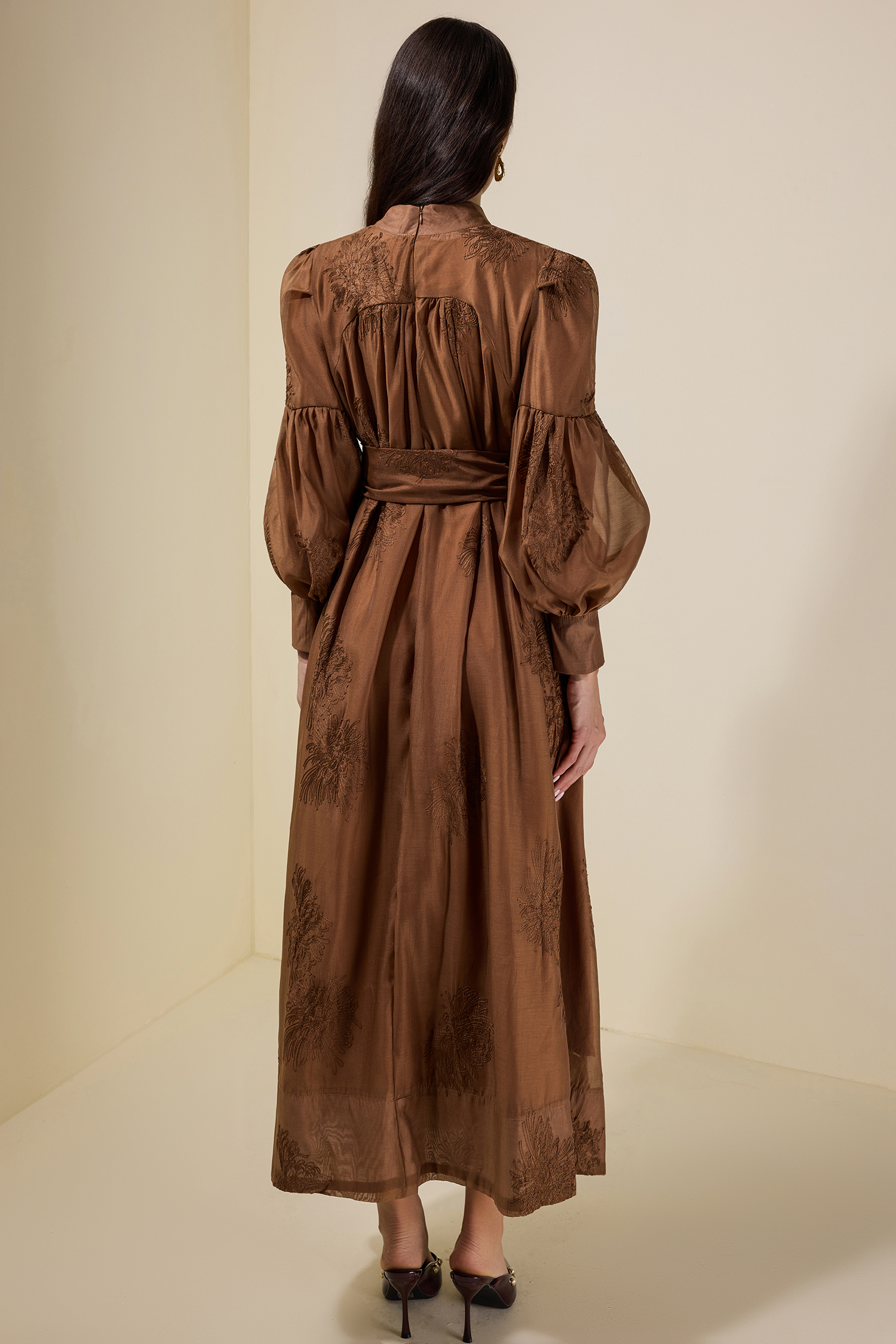 Embroidered Lace-Up Lantern Sleeve Maxi Dress