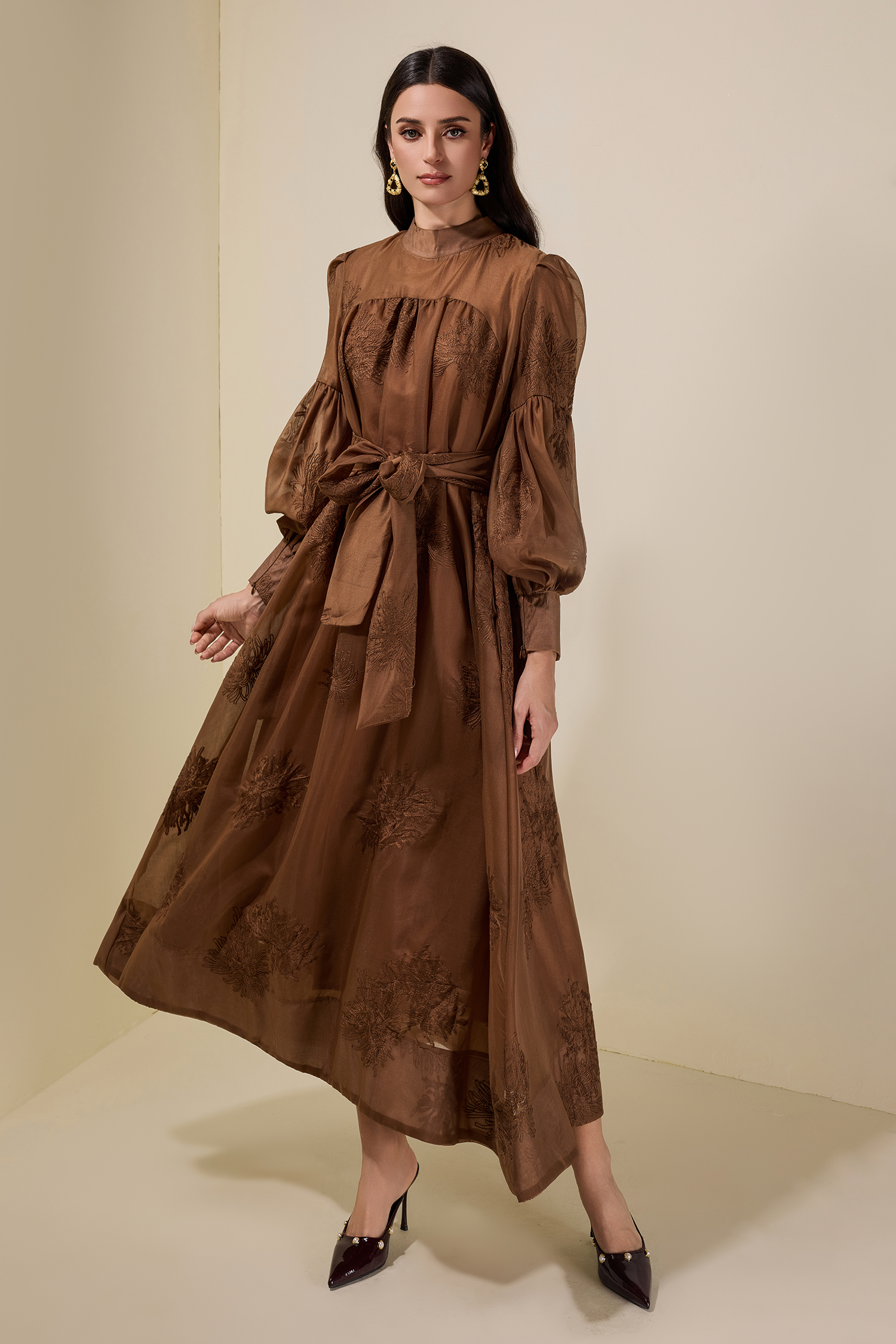 Embroidered Lace-Up Lantern Sleeve Maxi Dress