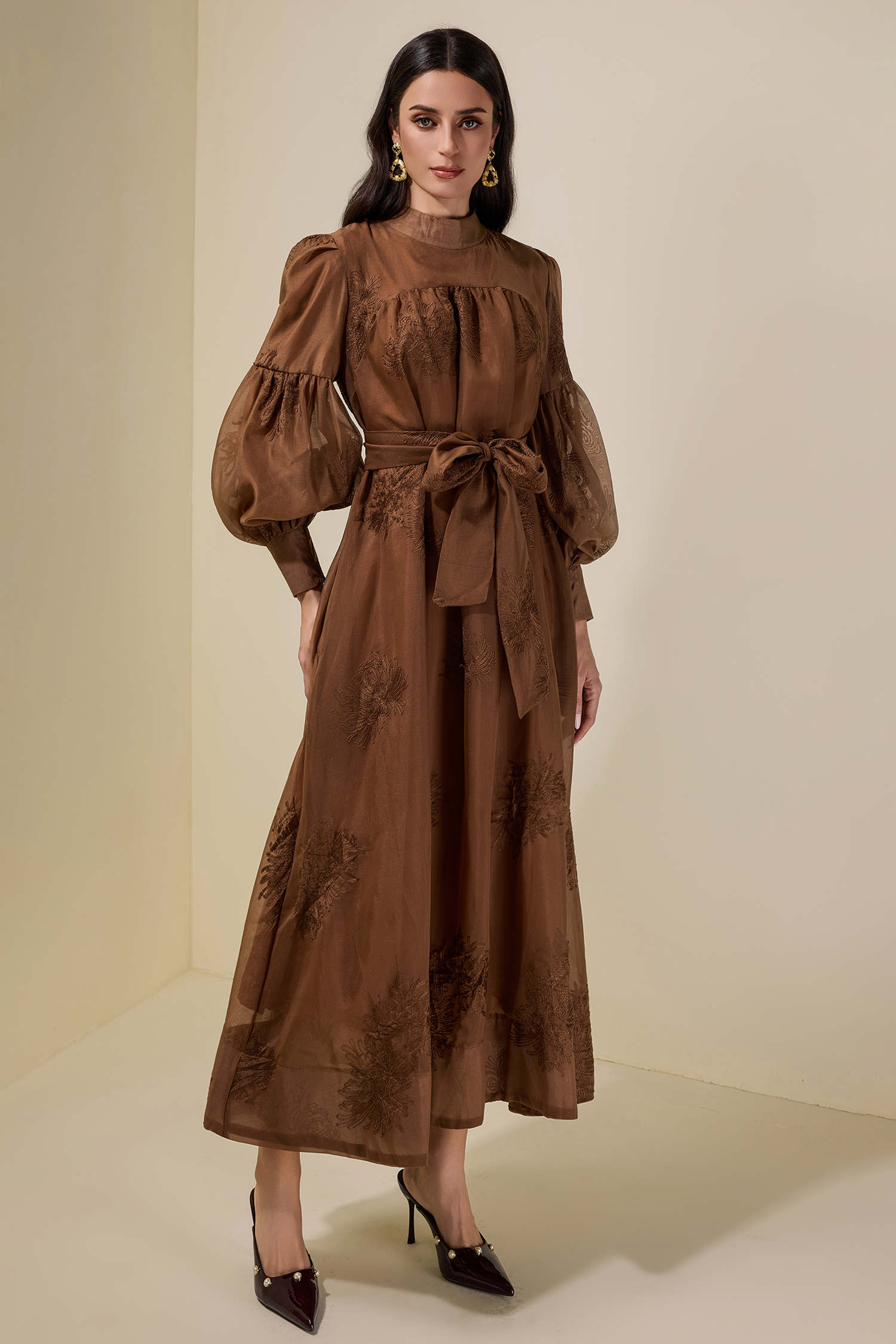 Embroidered Lace-Up Lantern Sleeve Maxi Dress