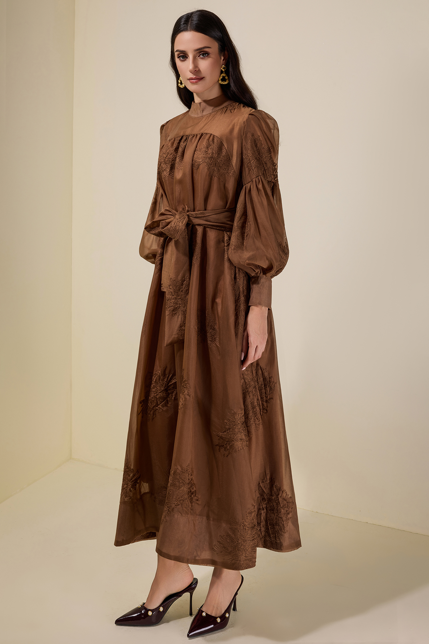 Embroidered Lace-Up Lantern Sleeve Maxi Dress