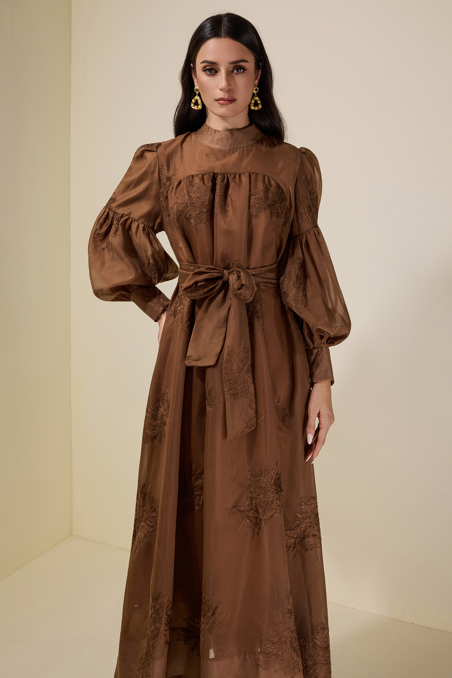 Embroidered Lace-Up Lantern Sleeve Maxi Dress