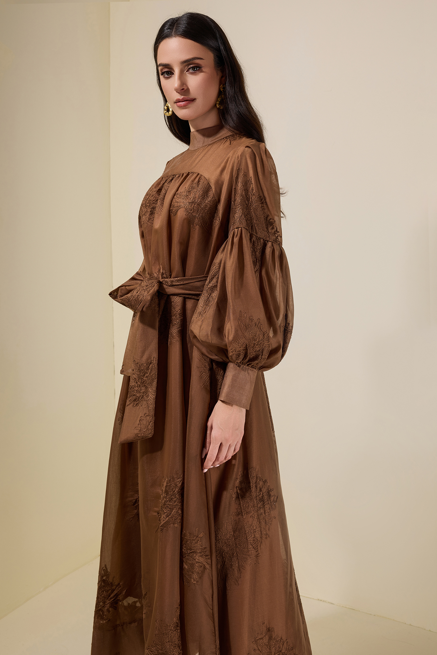 Embroidered Lace-Up Lantern Sleeve Maxi Dress