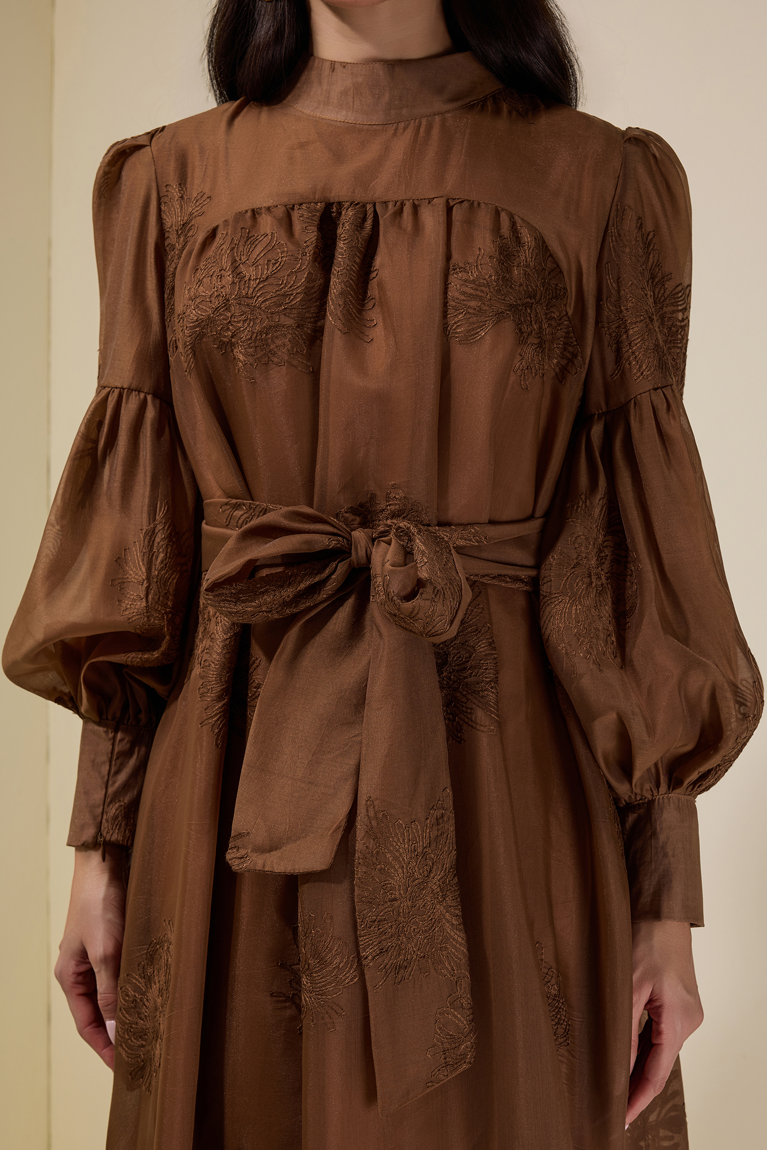 Embroidered Lace-Up Lantern Sleeve Maxi Dress