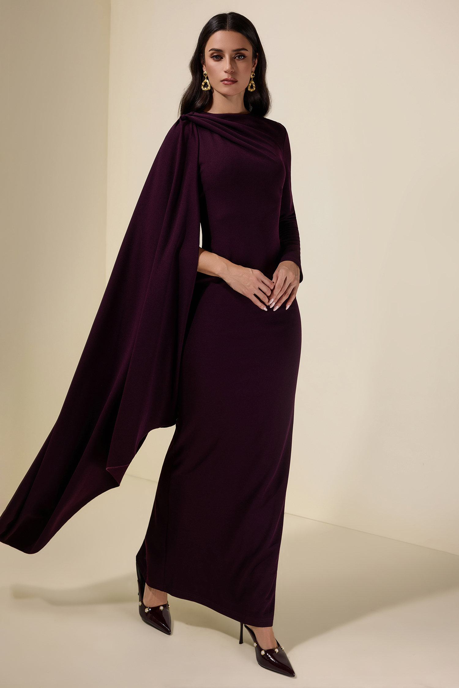Solid One Sleeve Cape Maxi Dress