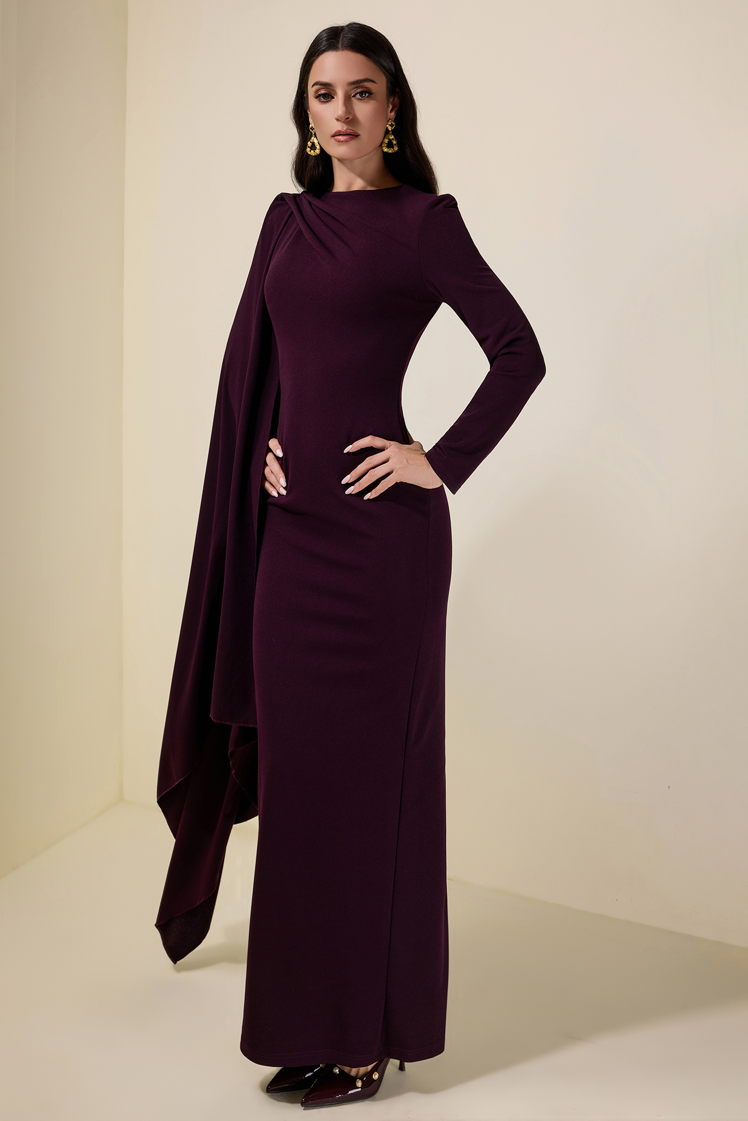 Solid One Sleeve Cape Maxi Dress
