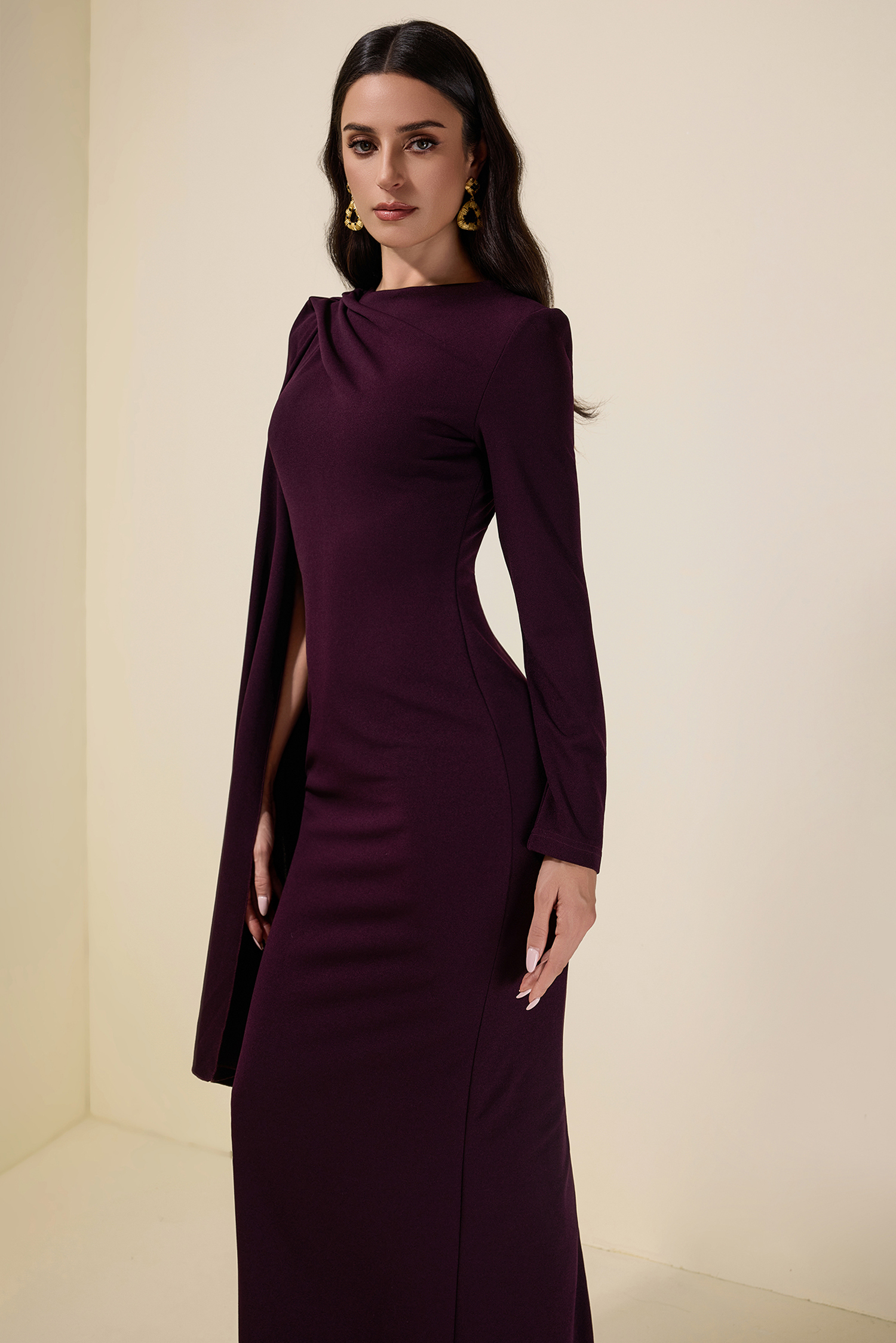 Solid One Sleeve Cape Maxi Dress