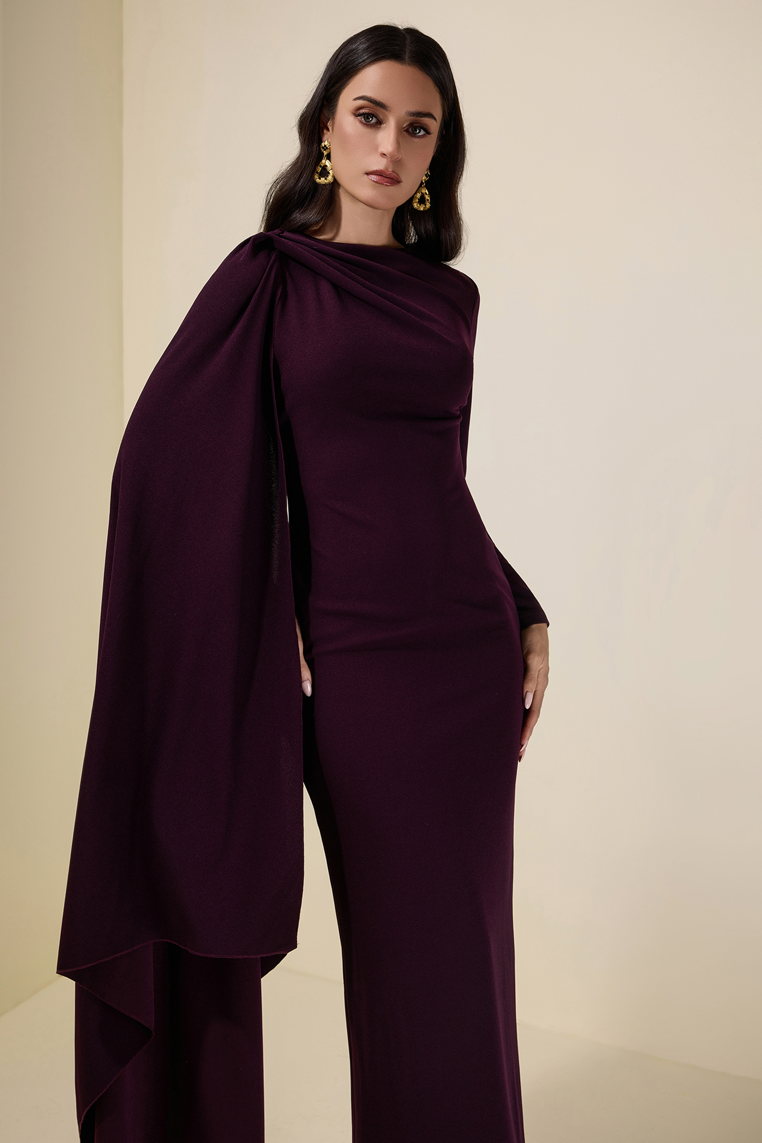 Solid One Sleeve Cape Maxi Dress