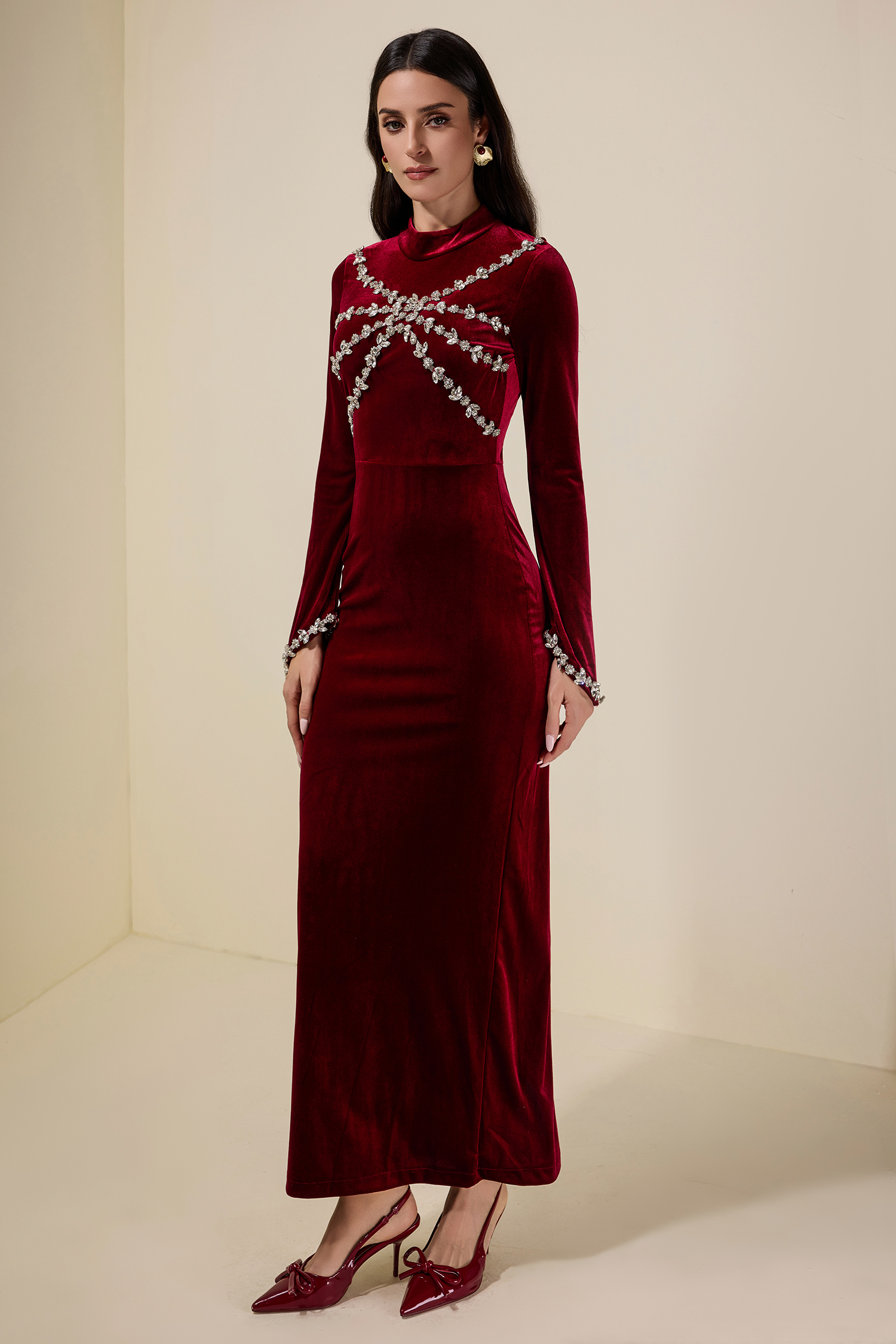 Velvet Rhinestone Long Sleeve Maxi Dress