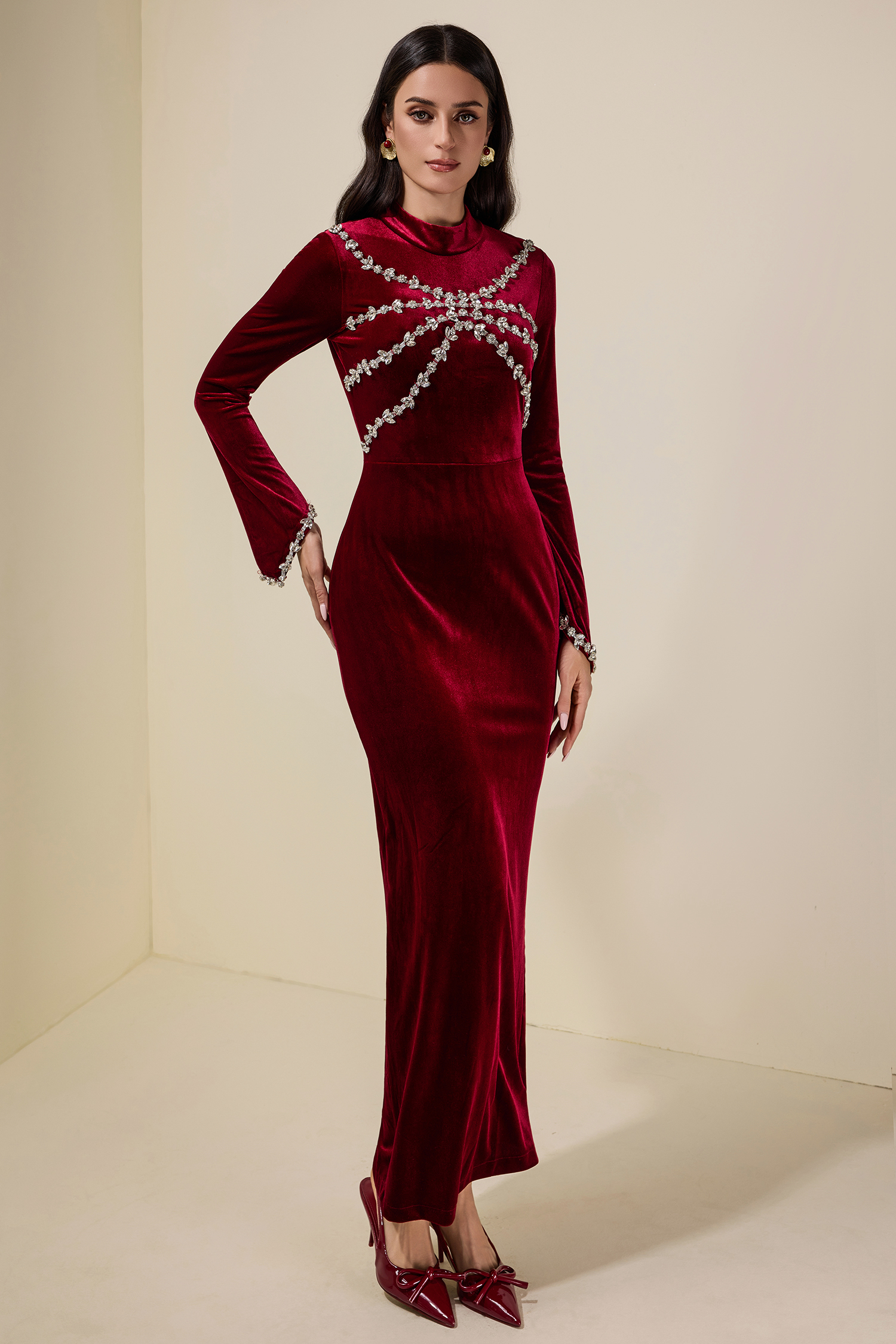Velvet Rhinestone Long Sleeve Maxi Dress