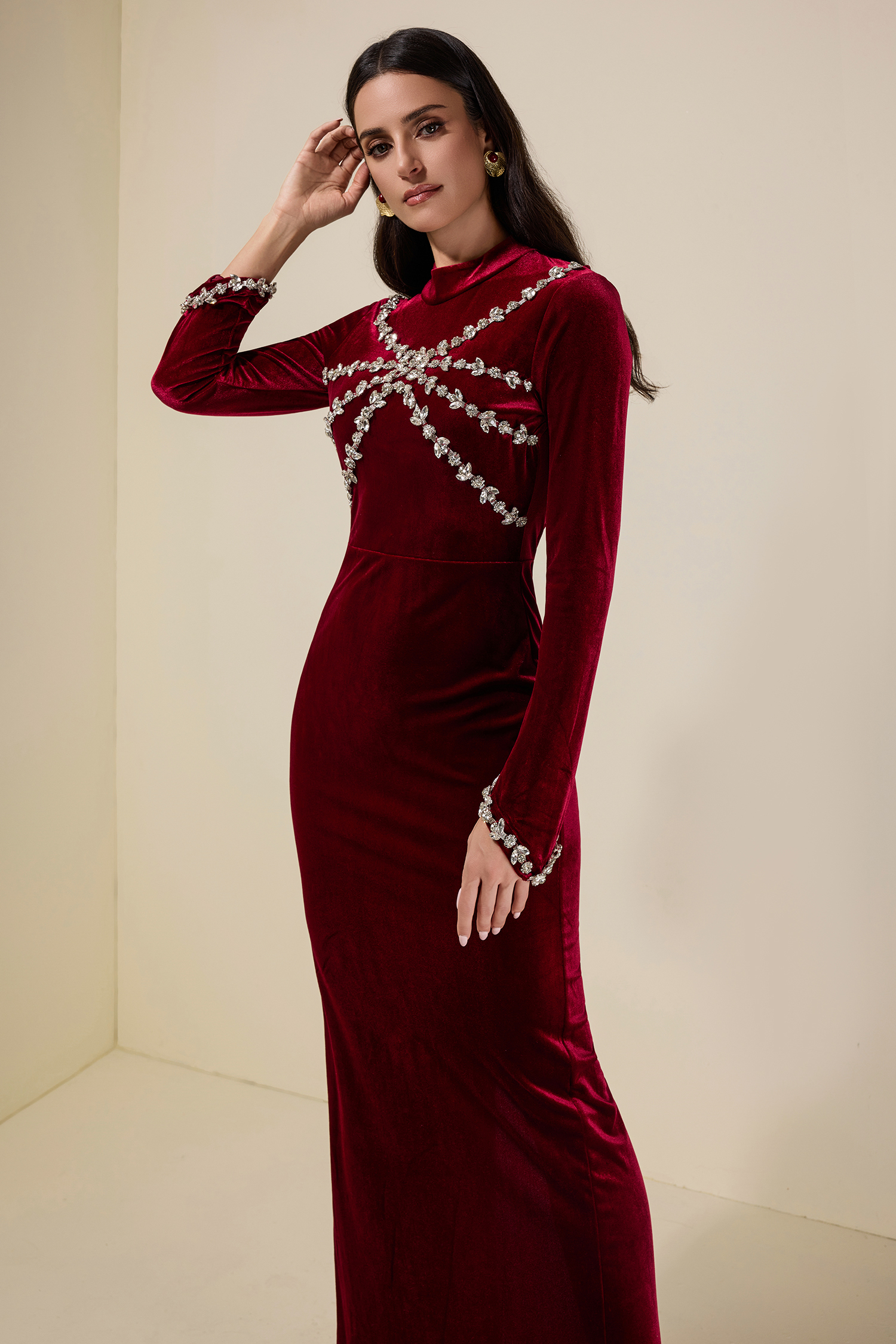 Velvet Rhinestone Long Sleeve Maxi Dress