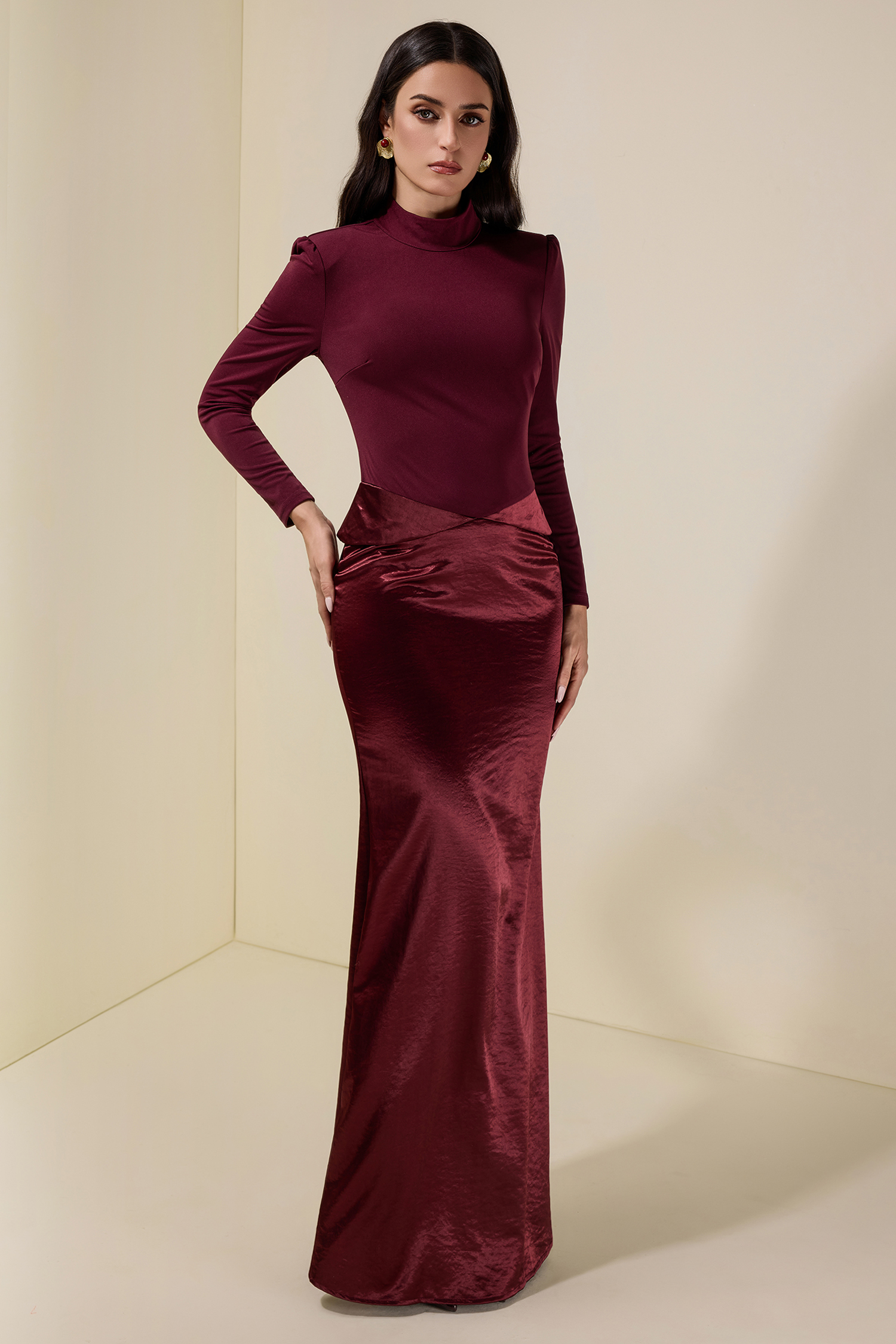 Jersey Splicing Satin Long Sleeve Maxi Dress