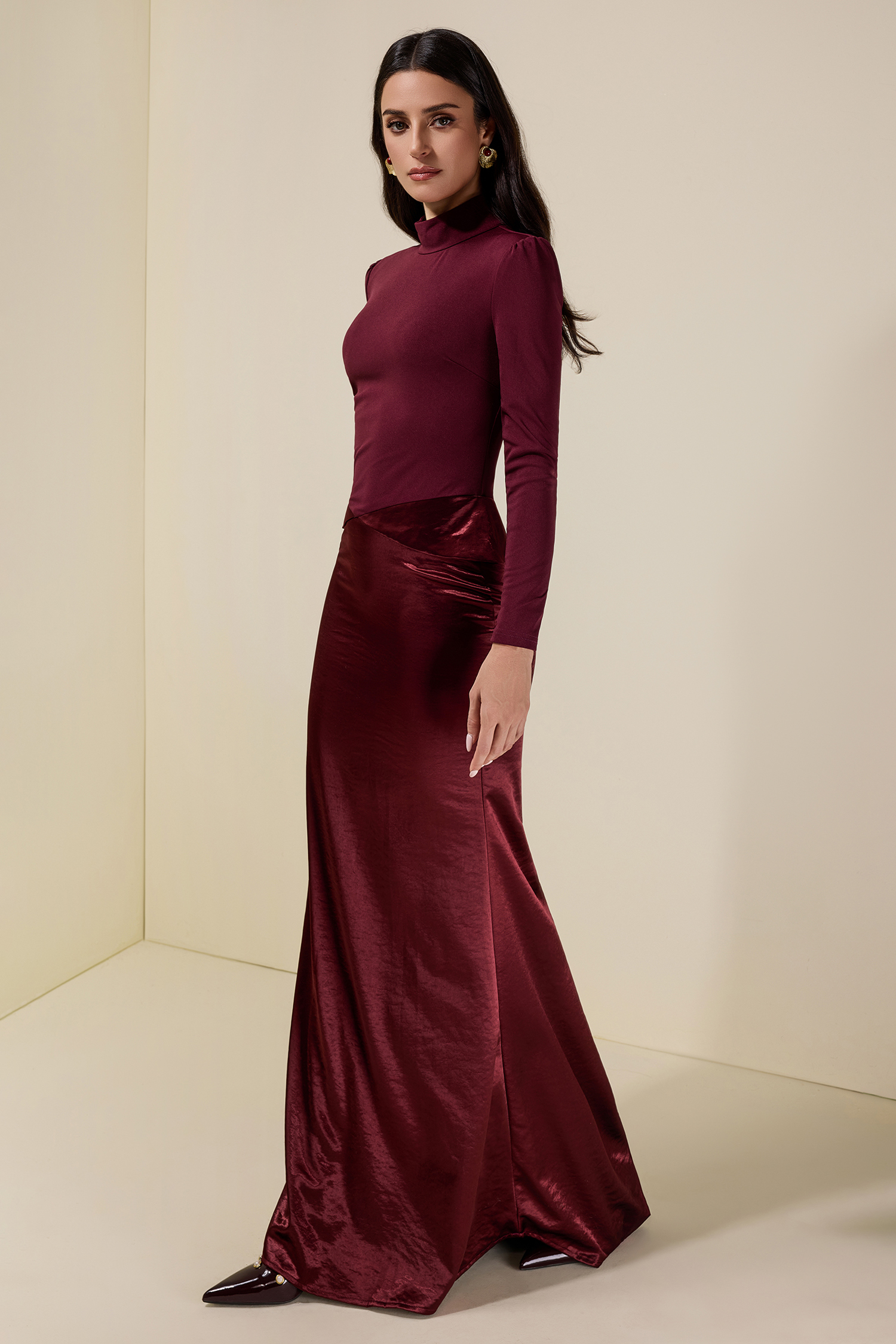 Jersey Splicing Satin Long Sleeve Maxi Dress