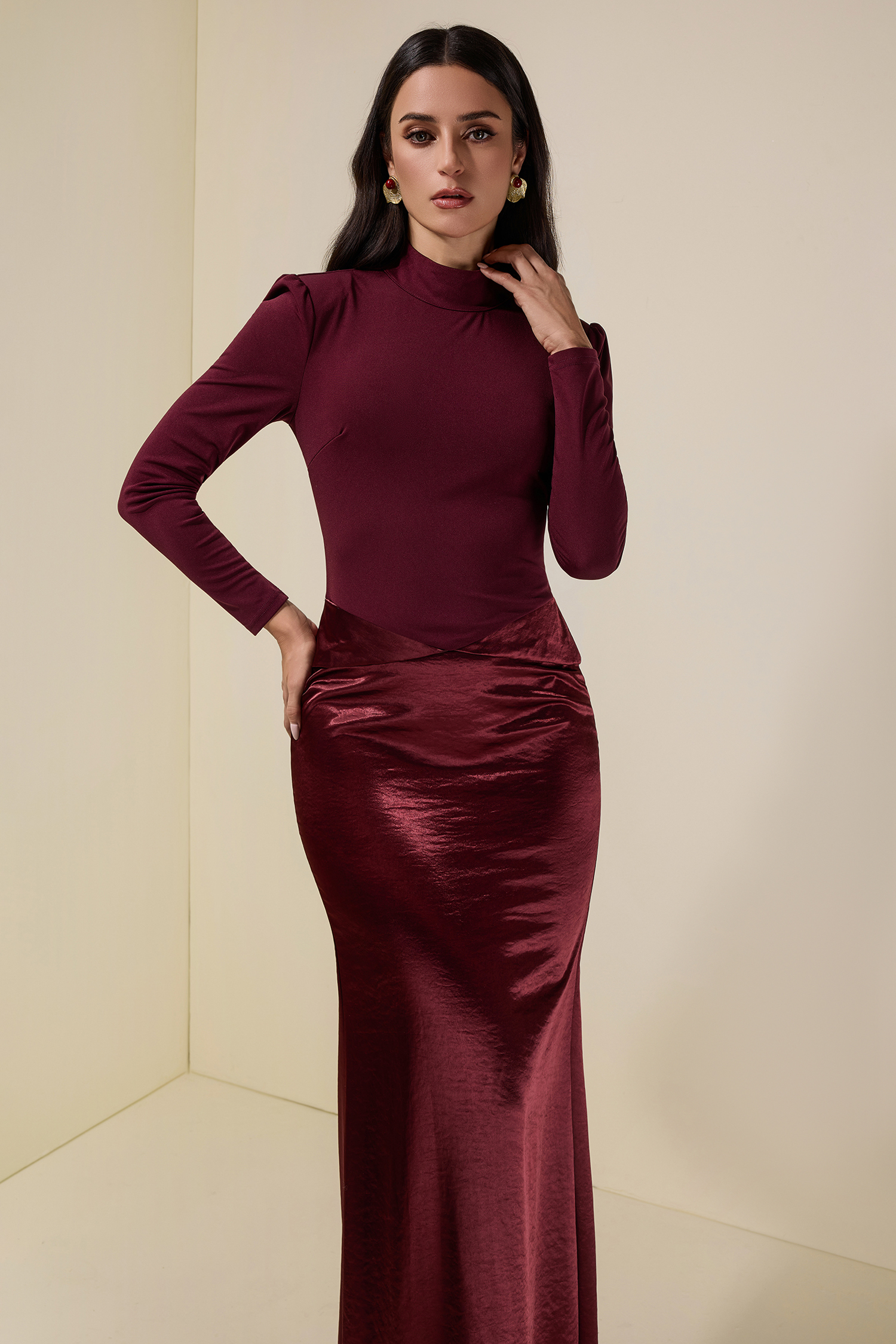 Jersey Splicing Satin Long Sleeve Maxi Dress