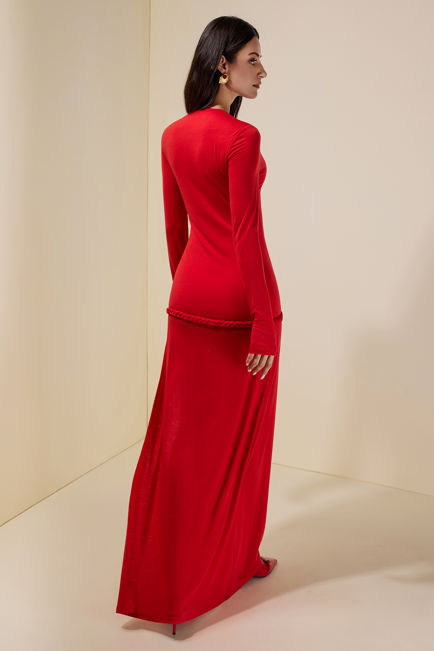 Solid Woven Long Sleeve Maxi Dress