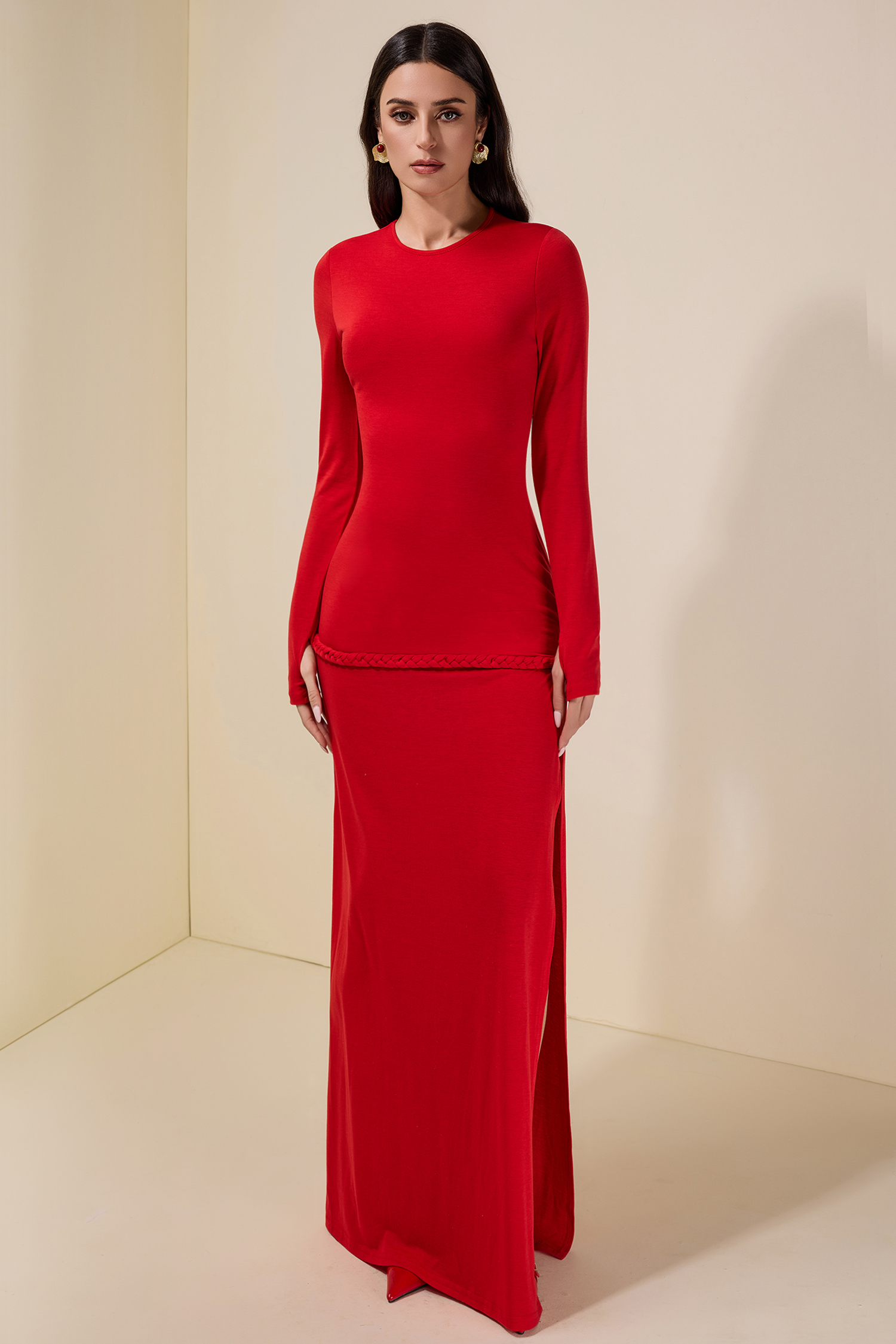 Solid Woven Long Sleeve Maxi Dress