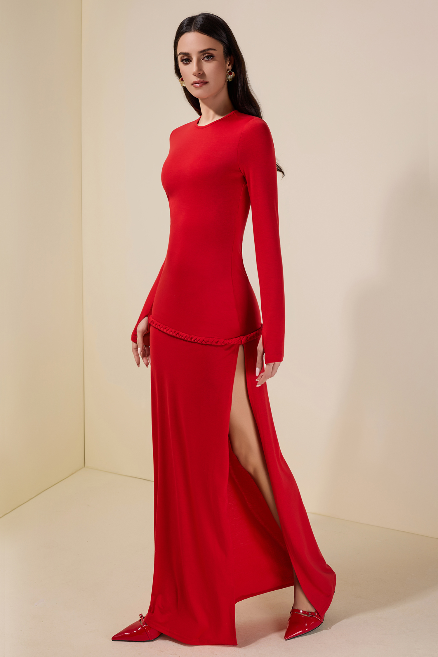 Solid Woven Long Sleeve Maxi Dress