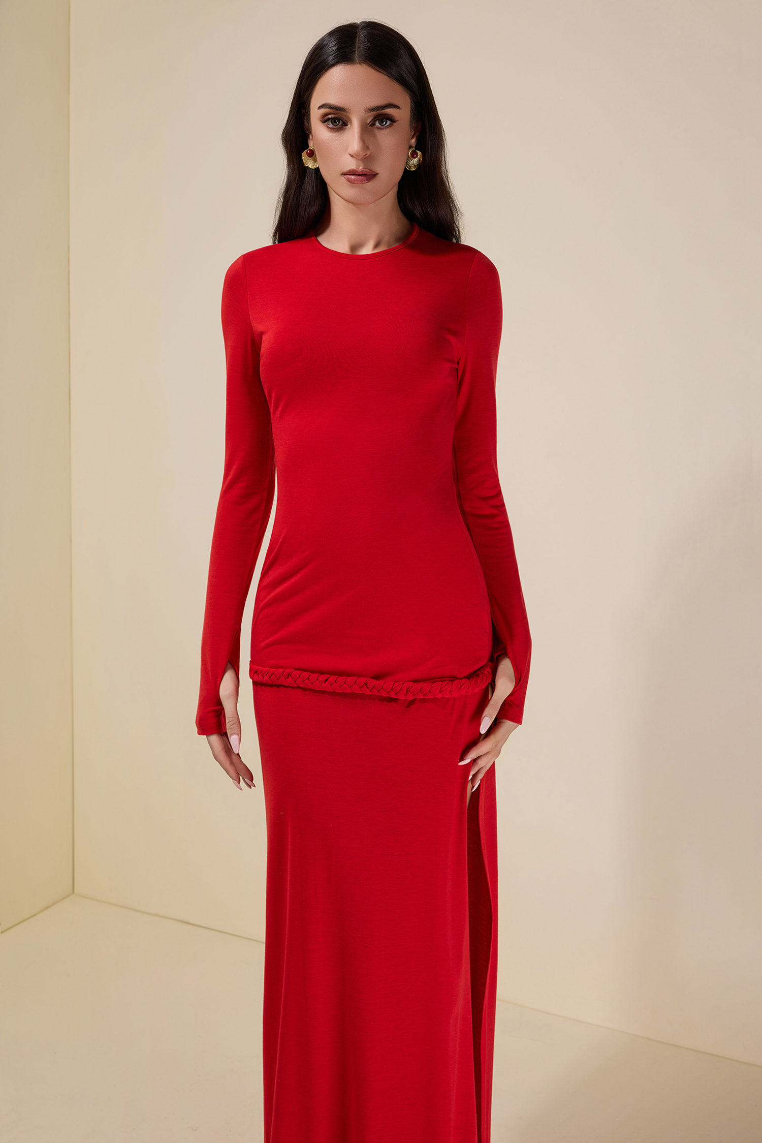 Solid Woven Long Sleeve Maxi Dress