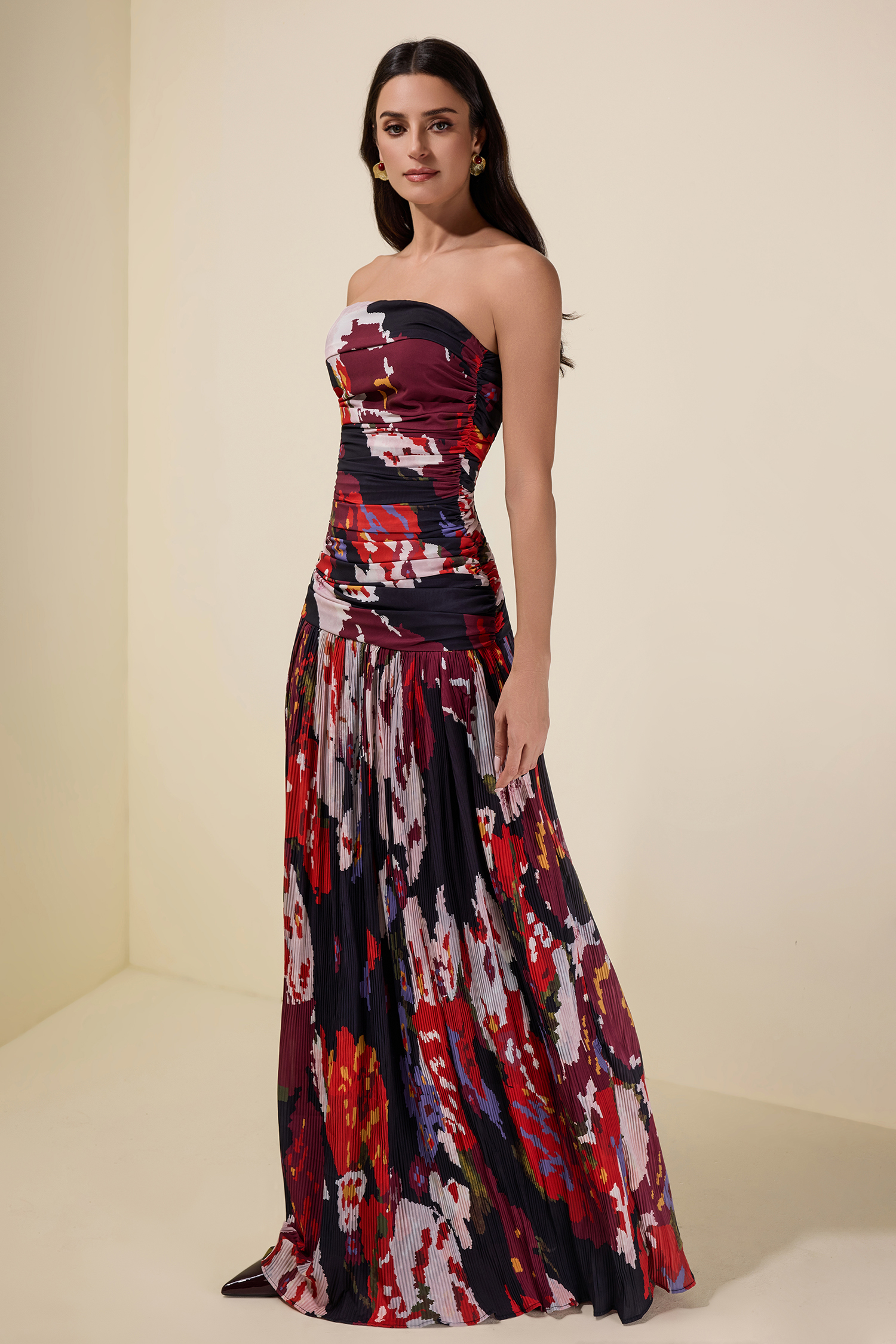 Pleated Off-Shoulder Floral Midi Dress