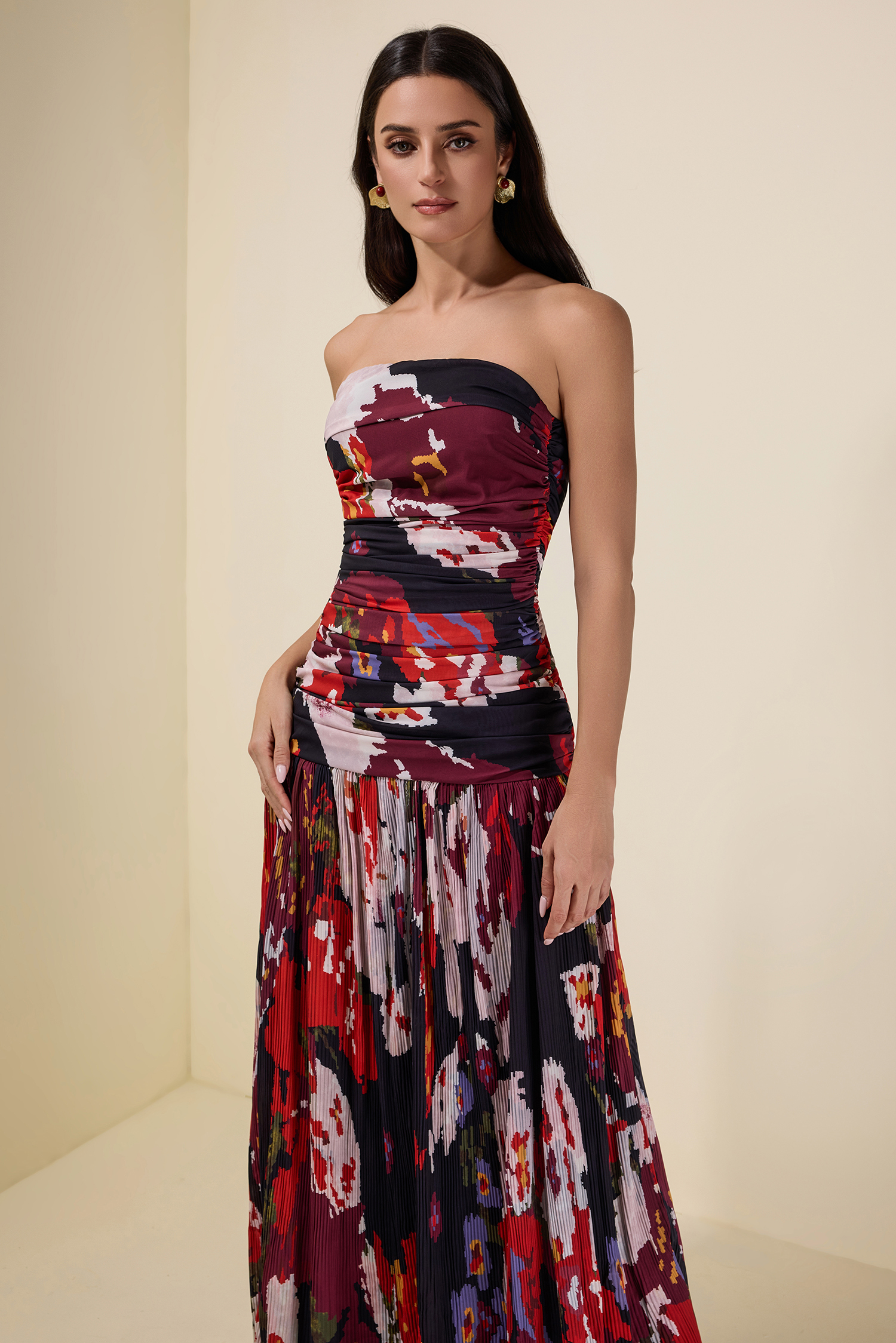 Pleated Off-Shoulder Floral Midi Dress