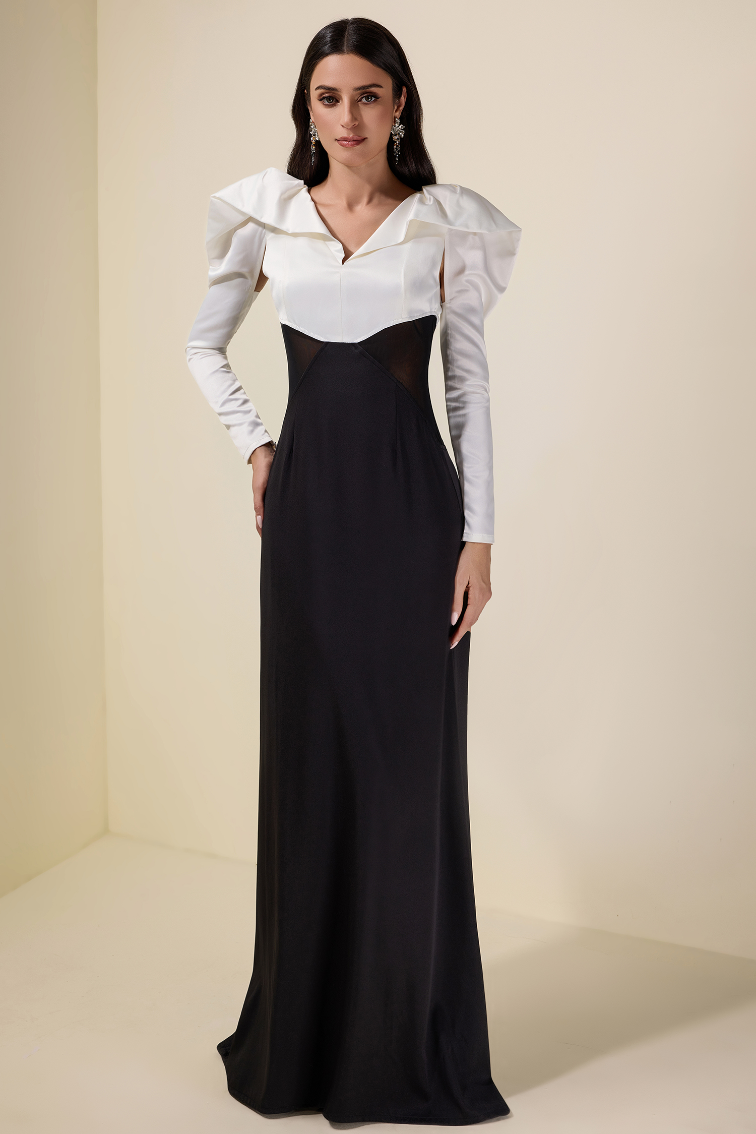 Contrast Color Long Sleeve Maxi Dress