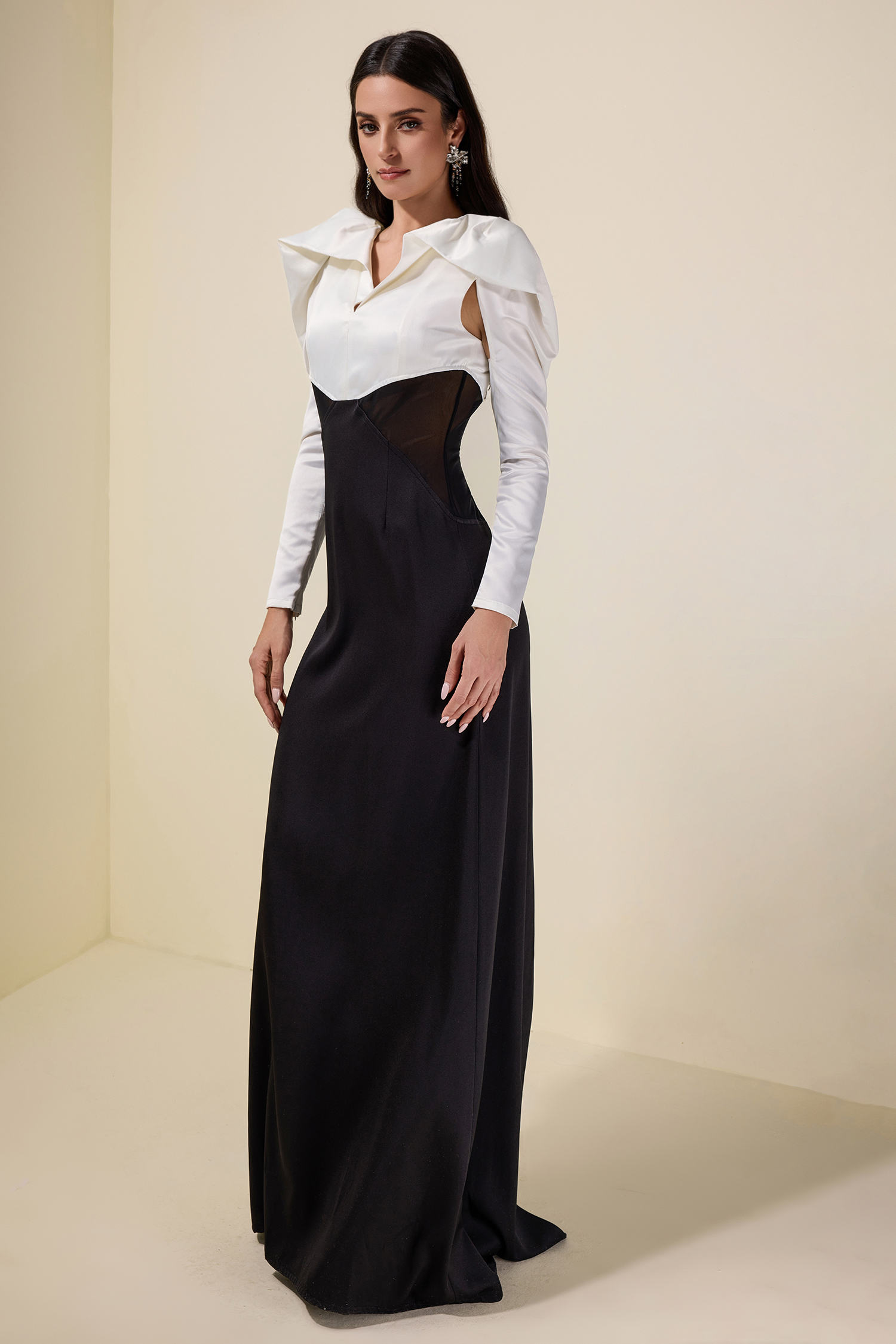 Contrast Color Long Sleeve Maxi Dress