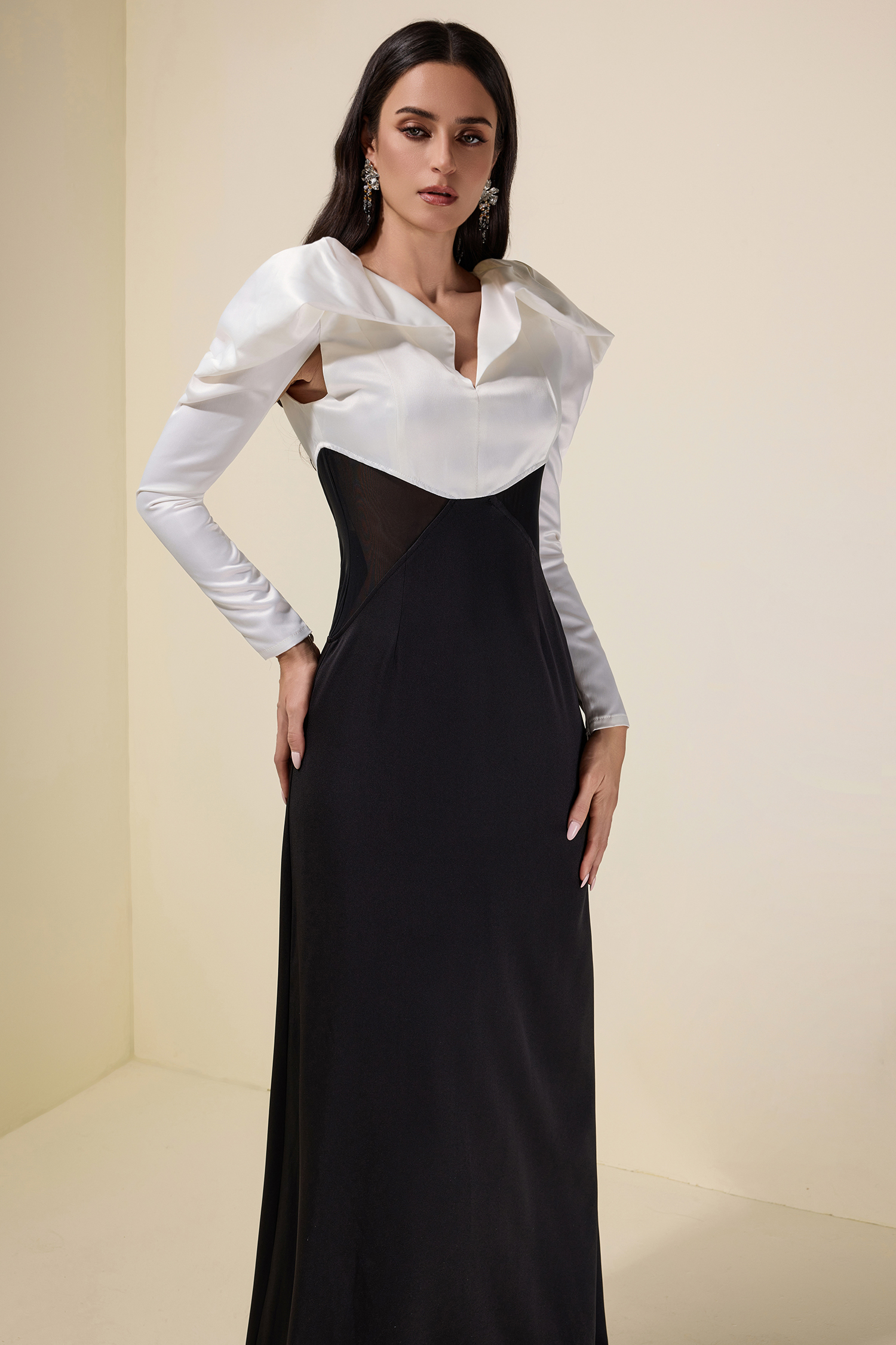 Contrast Color Long Sleeve Maxi Dress