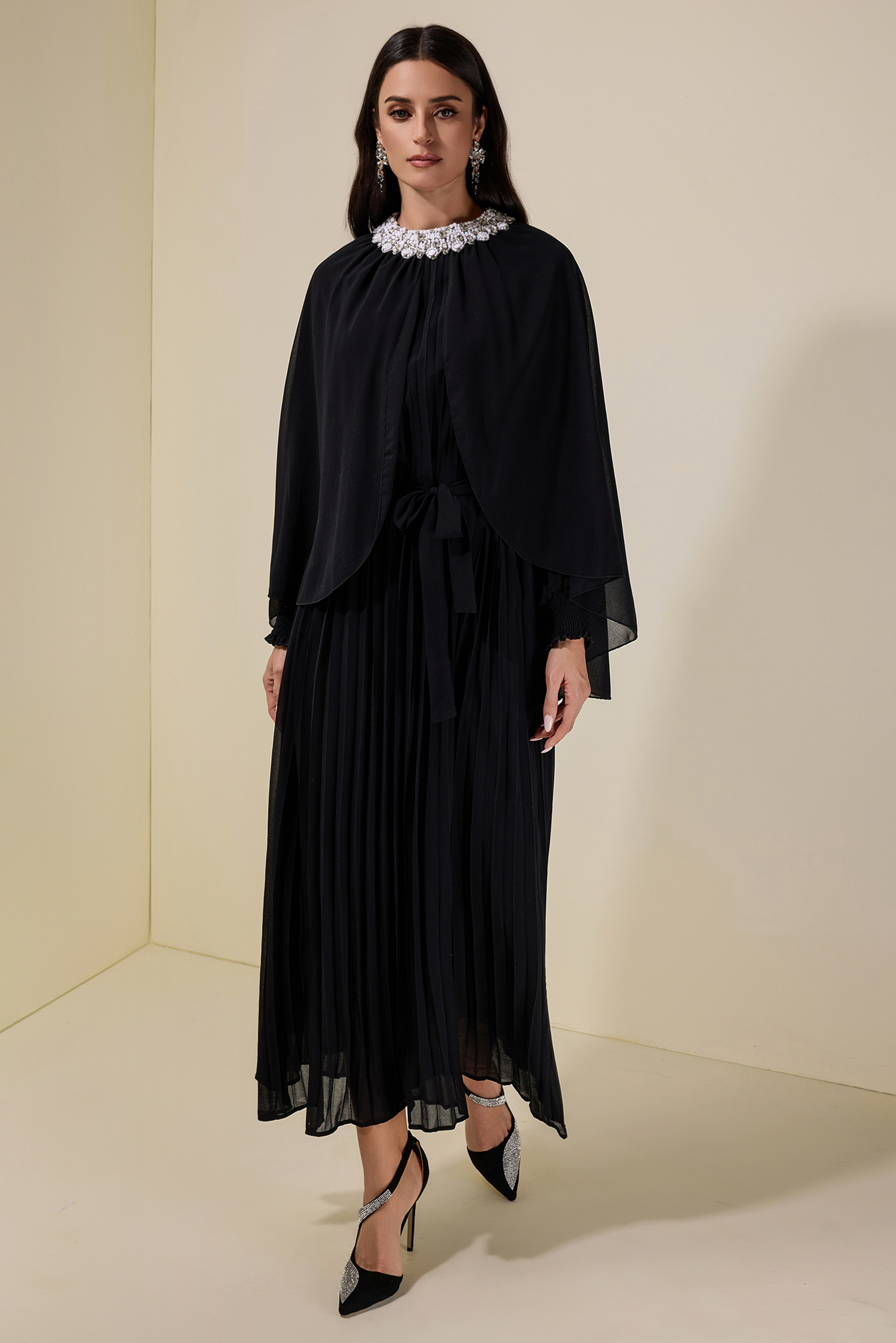 Rhinestone Rivets Pleated Cape Sleeve Midi Dress