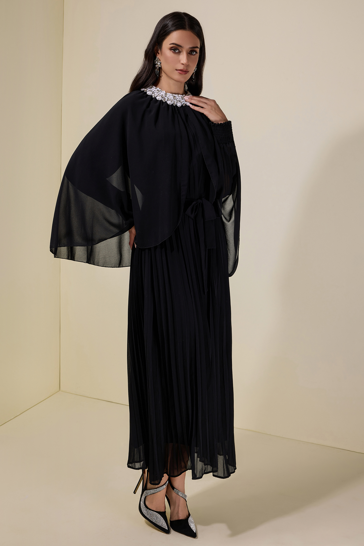 Rhinestone Rivets Pleated Cape Sleeve Midi Dress