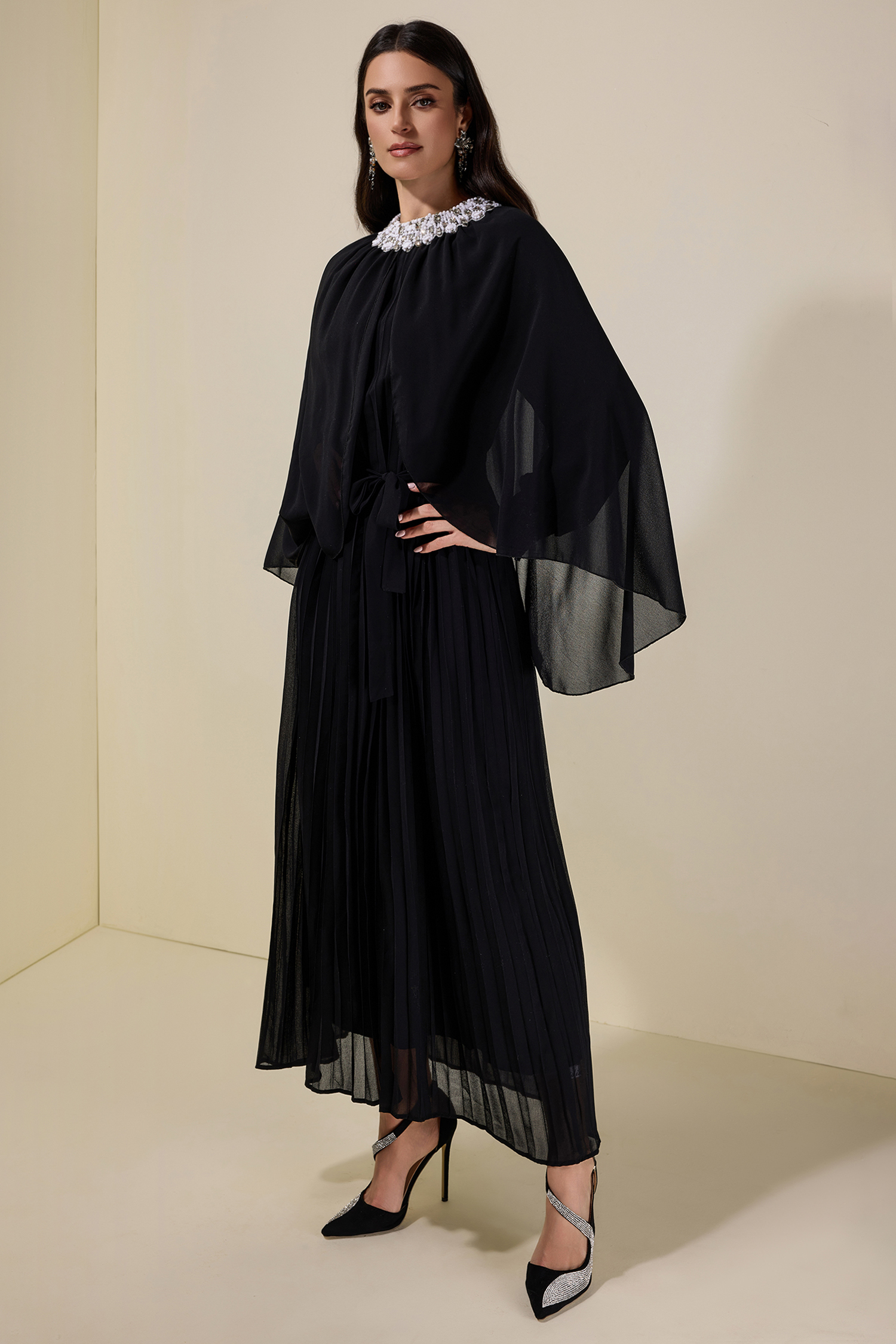 Rhinestone Rivets Pleated Cape Sleeve Midi Dress