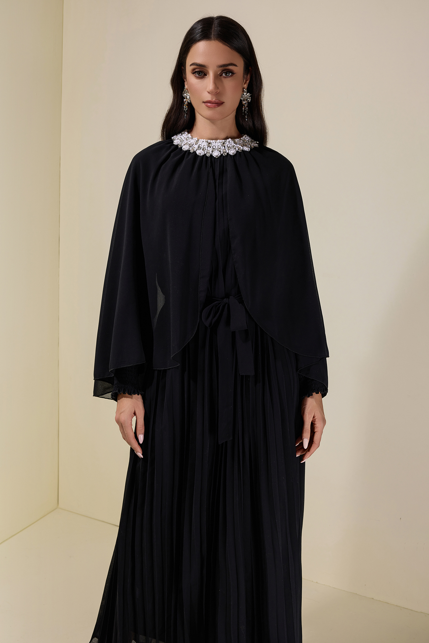 Rhinestone Rivets Pleated Cape Sleeve Midi Dress