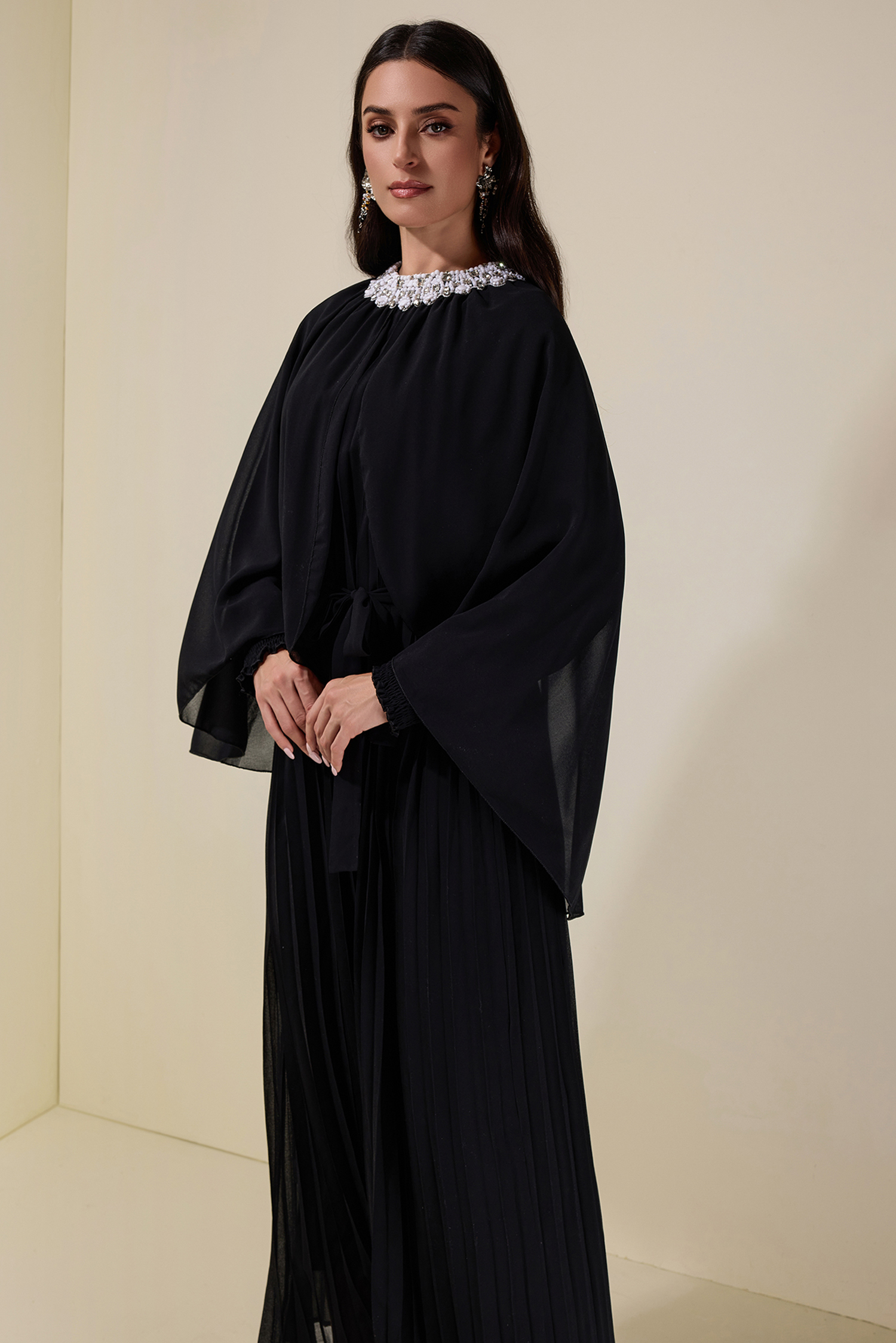 Rhinestone Rivets Pleated Cape Sleeve Midi Dress