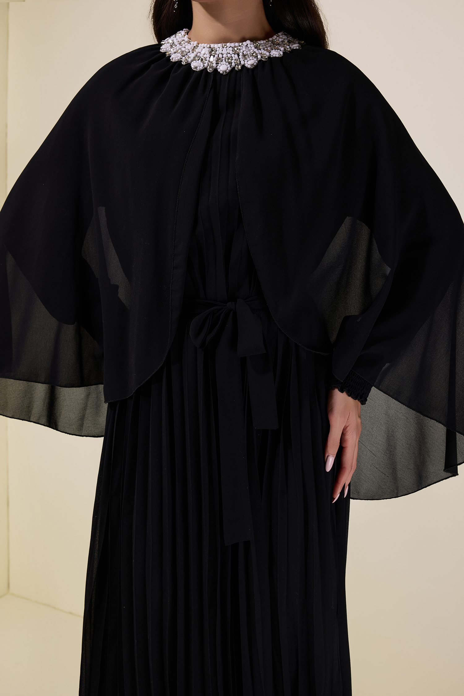 Rhinestone Rivets Pleated Cape Sleeve Midi Dress