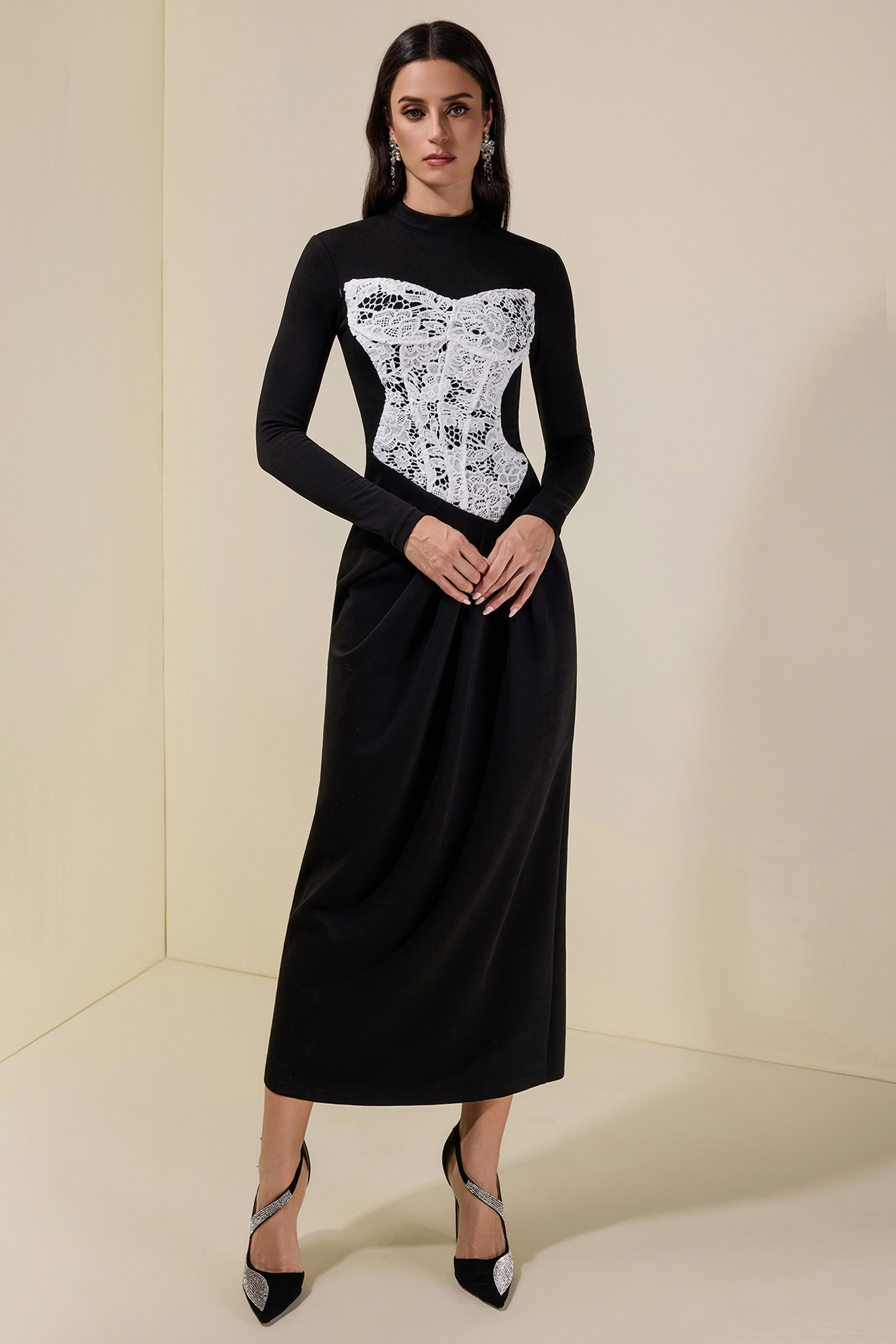 Lace Splicing Long Sleeve Maxi Dress