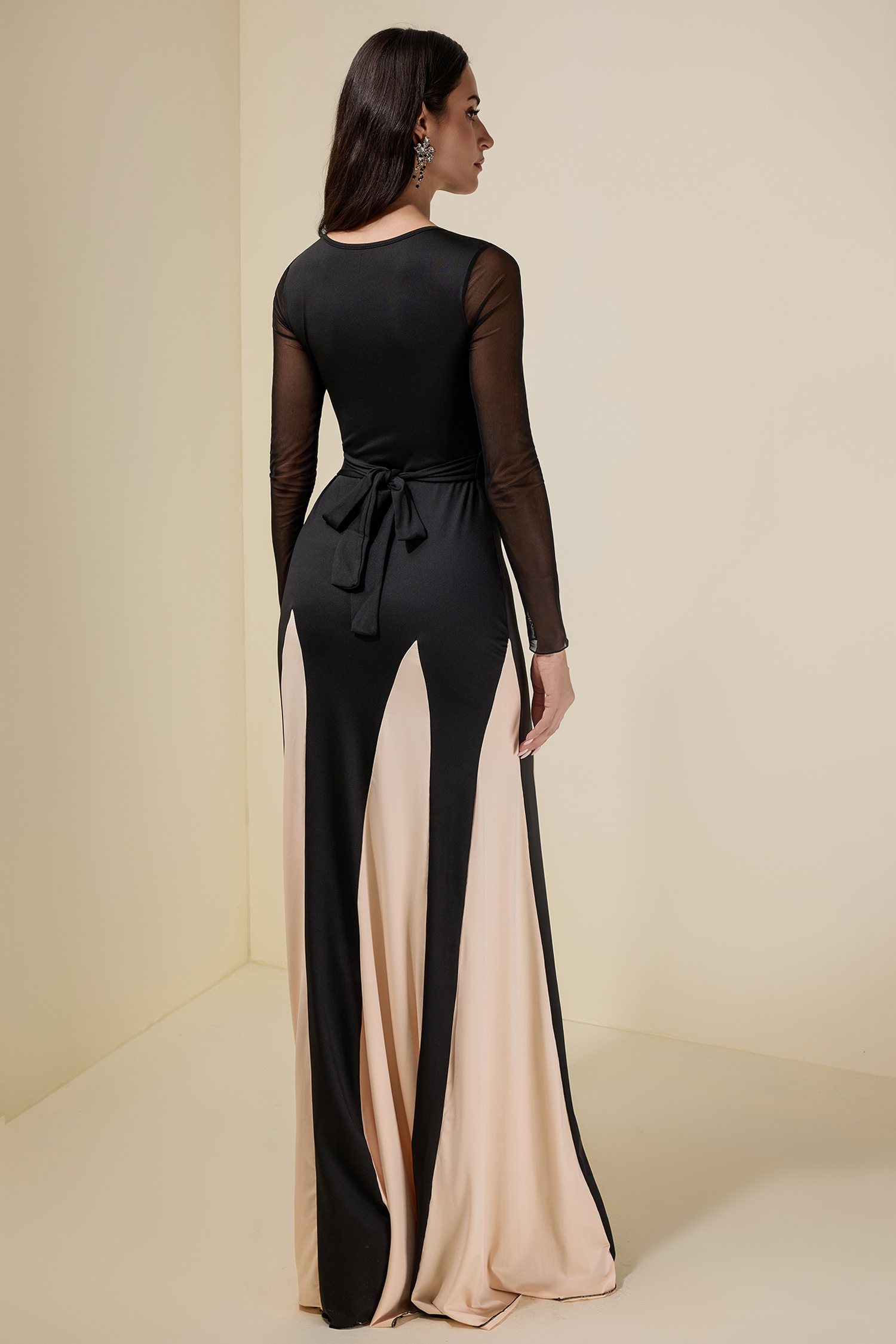 Contrast Color Jersey Splicing Mesh Maxi Dress